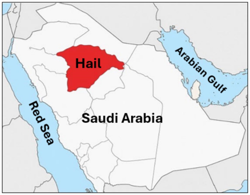 Map highlighting the region of Hail in red within Saudi Arabia, bordered by the Arabian Gulf to the east and the Red Sea to the west.