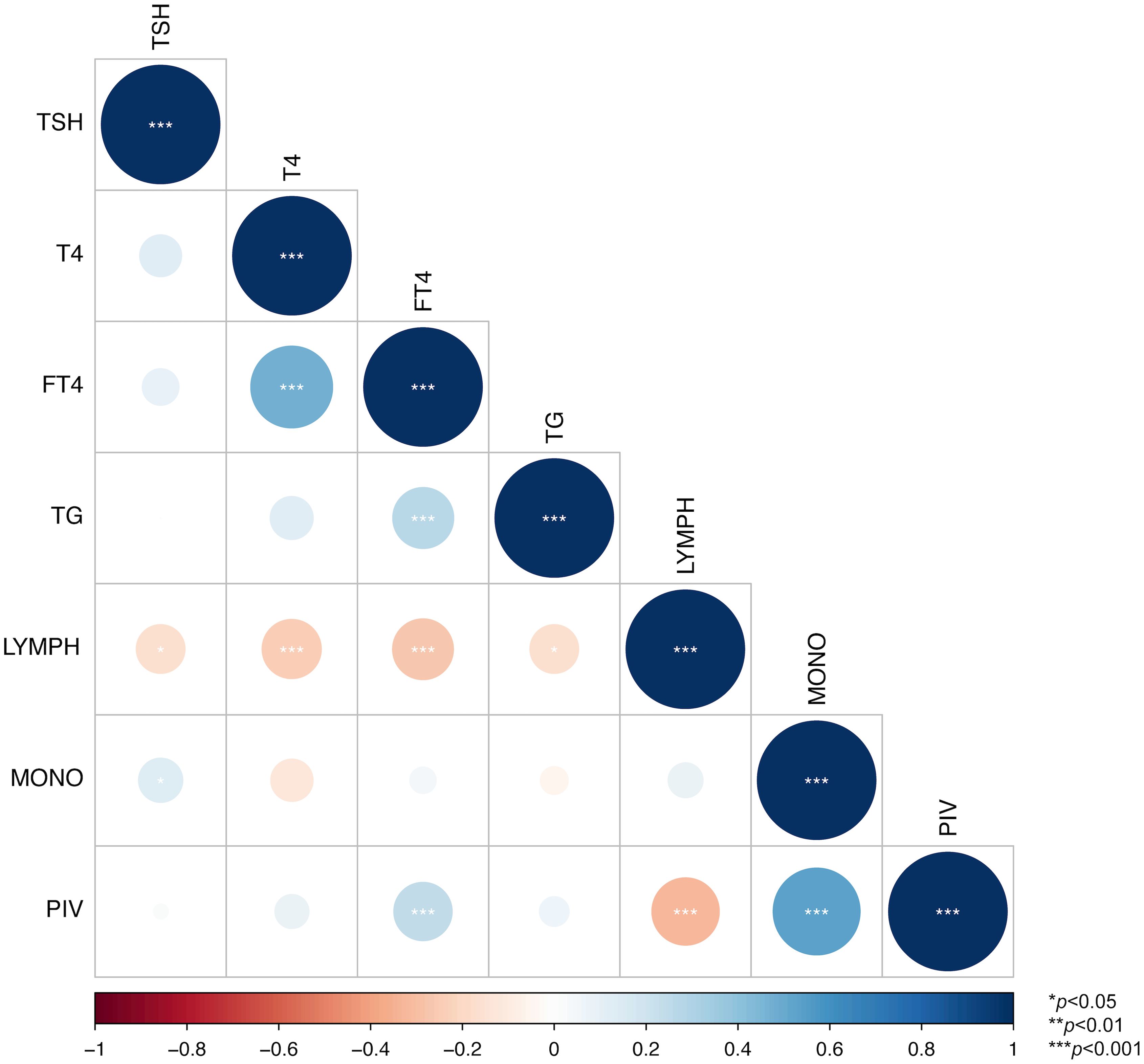 Correlation matrix diagram showing relationships between variables: TSH, T4, FT4, TG, LYMPH, MONO, and PIV. Larger circles indicate stronger correlations. Dark blue fields represent positive correlations, while lighter fields and red indicate weaker or negative correlations. Significance is marked by asterisks: three asterisks for p < 0.001.