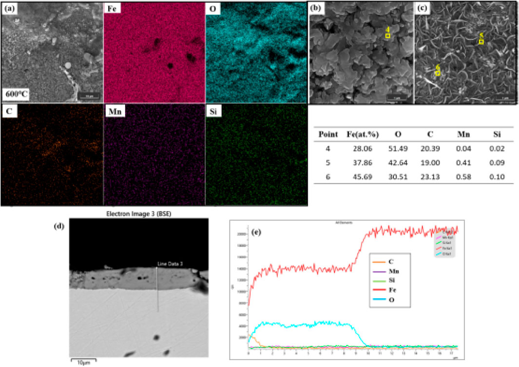Scanning electron microscopy images and data of a material annealed at 600°C. (a) Shows the surface morphology with elemental maps for Fe, O, C, Mn, and Si distribution. (b) and (c) Depict material structures with specific points marked for analysis. The adjacent table lists atomic percentages of Fe, O, C, Mn, and Si at these points. (d) Backscattered electron image detailing the material cross-section. (e) Graph showing the element concentration variations, with lines for C, Mn, Si, Fe, and O.