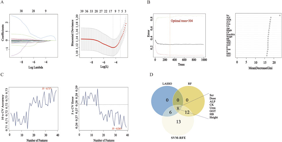 Panel A shows two plots: the left plot illustrates coefficient paths versus Log Lambda, while the right plot shows binomial deviance against Log Lambda with an optimal point marked. Panel B consists of a plot depicting error versus the number of trees, noting an optimal tree number, and a variable importance plot with Mean Decrease Gini values for various features. Panel C includes plots of cross-validated accuracy and error versus the number of features, highlighting specific optimal points. Panel D displays a Venn diagram showing feature overlap across LASSO, RF, and SVM-RFE methods, with specific features labeled.