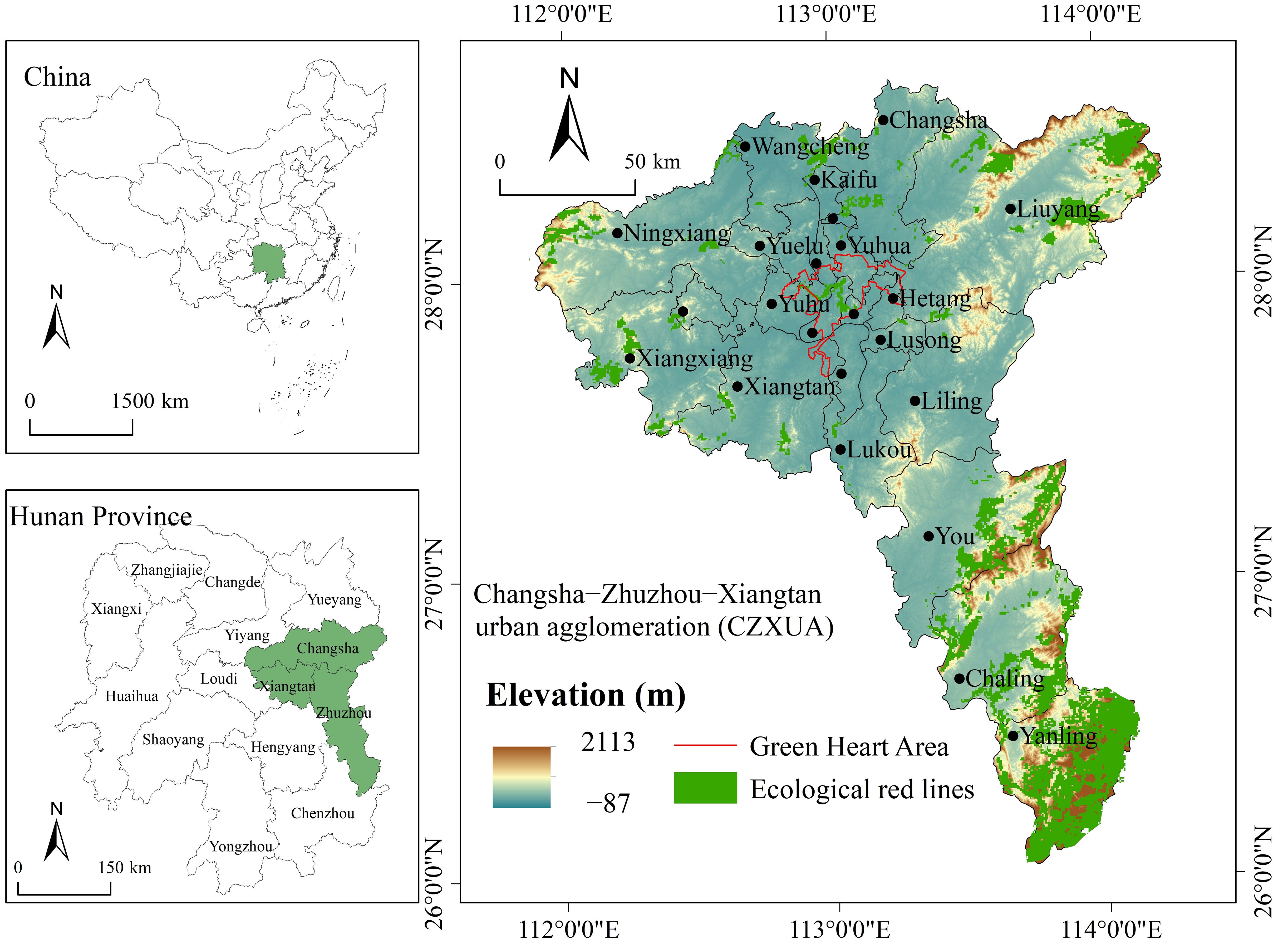 Map of the Changsha-Zhuzhou-Xiangtan urban agglomeration in Hunan Province, China. The main map shows elevation variations and highlights ecological red lines and a Green Heart area. Inset maps depict the location within China and Hunan Province. Key cities and districts are marked, and elevation is color-coded from high to low.