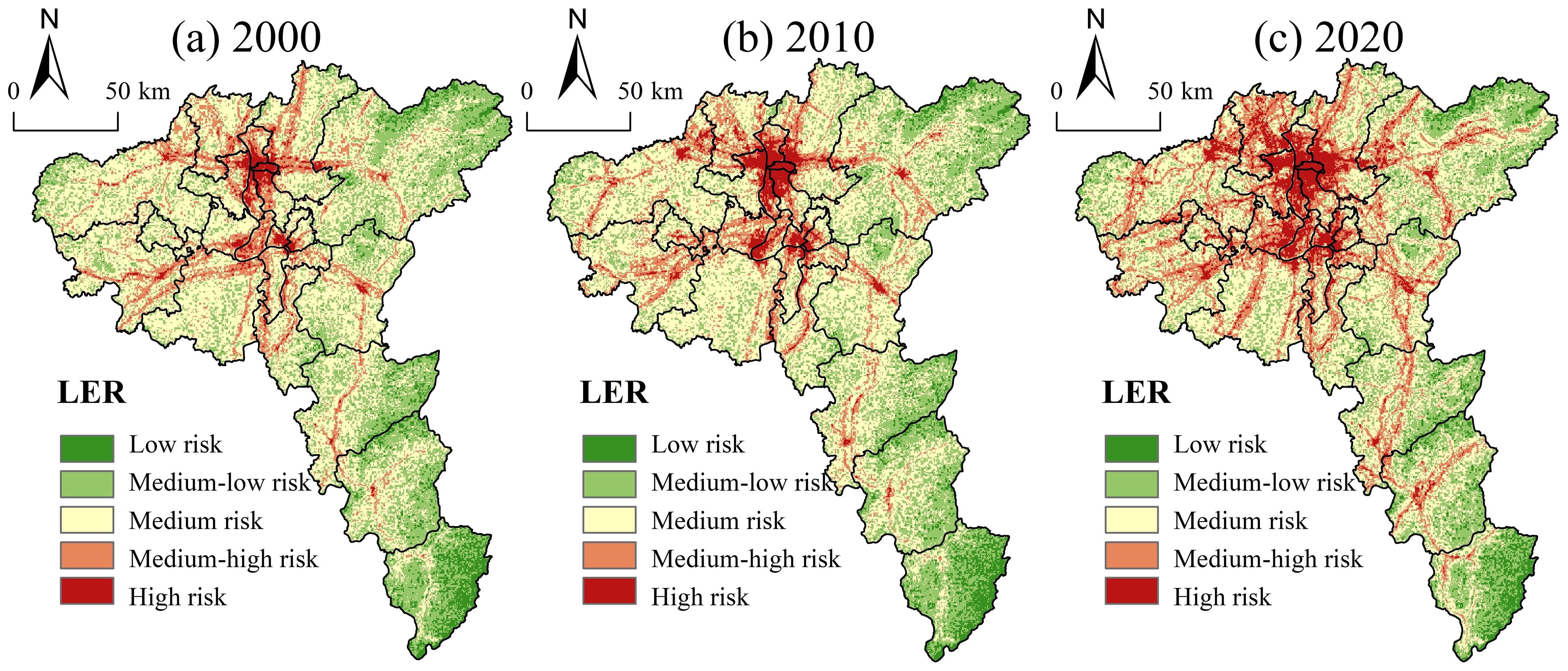 Three maps depict land environmental risk levels in a region for the years 2000, 2010, and 2020. Each map uses a color gradient from green to red to indicate low to high risk areas, respectively. Over time, red areas indicating high risk expand, particularly in urban centers. A scale and north arrow are included for orientation.