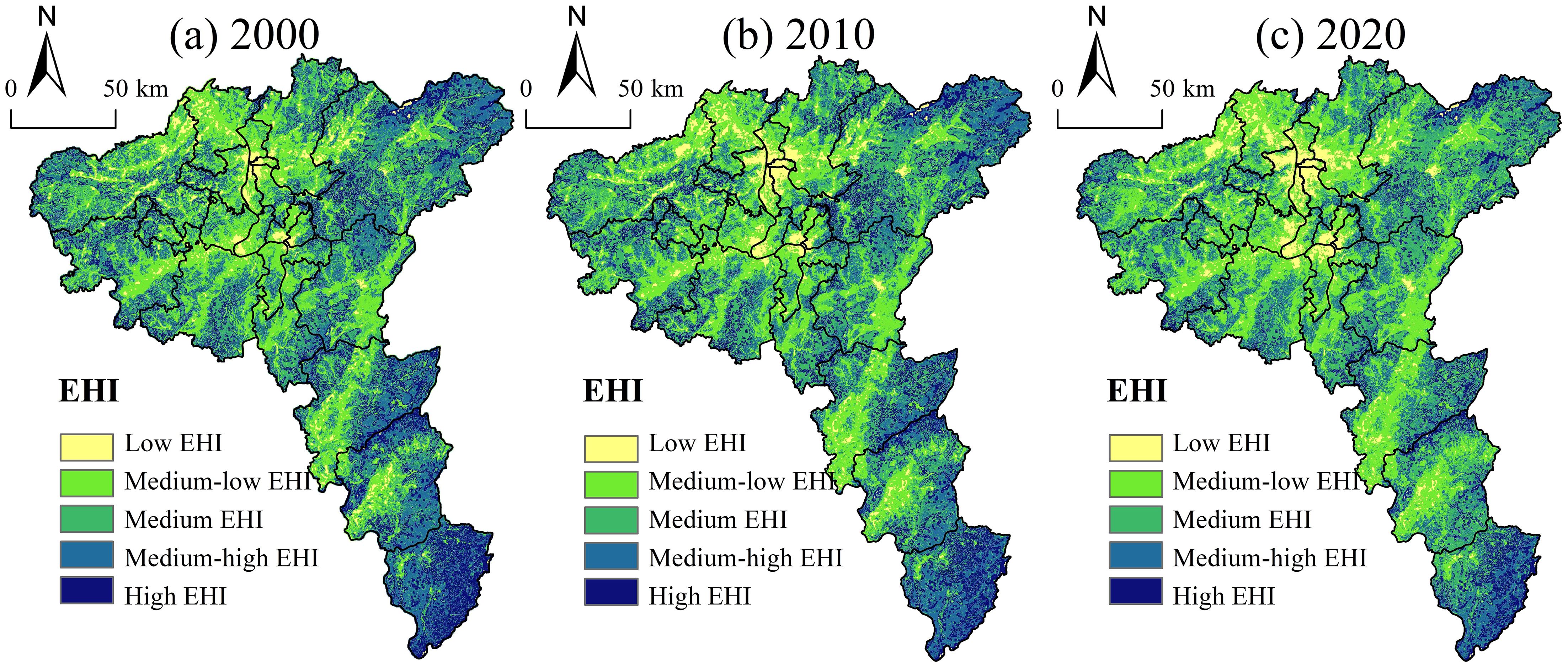 Three maps showing EHI distribution in a region for the years 2000, 2010, and 2020. The color scale ranges from low EHI in yellow to high EHI in dark blue, indicating spatial environmental health changes over time. Black outlines mark boundaries, and a north arrow with a 50 km scale is included.