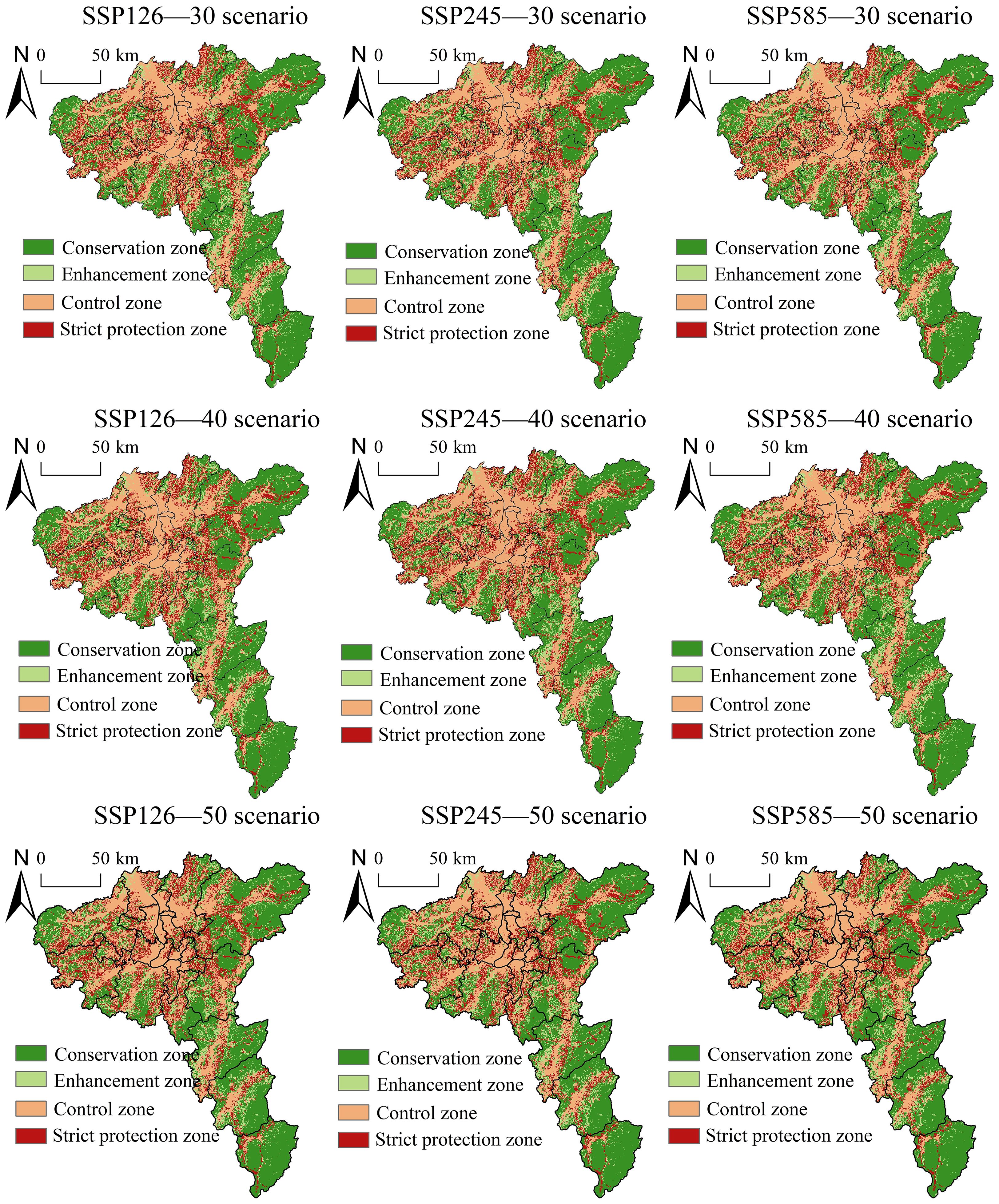 Nine maps depict various scenarios (SSP126, SSP245, SSP585) across three timeframes (30, 40, 50) for a region. Zones indicated by color: green for conservation, light green for enhancement, orange for control, and red for strict protection. A north arrow and scale bars are included.