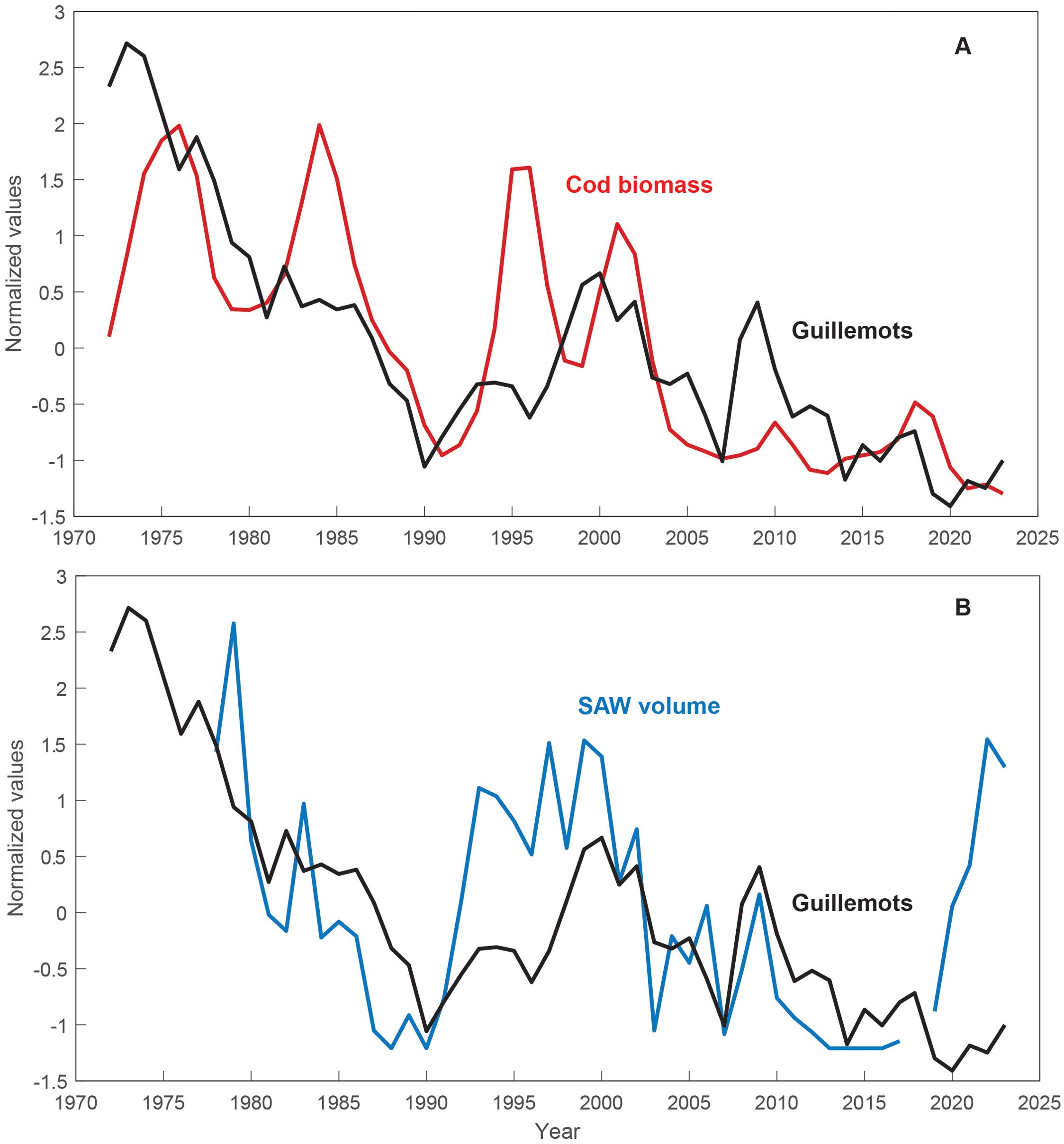 Line graph A shows normalized values from 1970 to 2025, comparing Cod biomass (orange line) and Guillemots (black line). Line graph B presents normalized values from 1970 to 2025, comparing SAW volume (blue line) and Guillemots (black line). Both graphs illustrate fluctuations and trends over time with varying peaks and declines.
