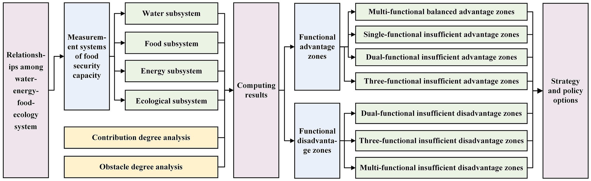 Flowchart of relationships among water-energy-food-ecology systems, illustrating measurement systems and analysis pathways. Components include water, food, energy, and ecological subsystems, leading to functional advantage and disadvantage zones. These zones guide strategy and policy options.