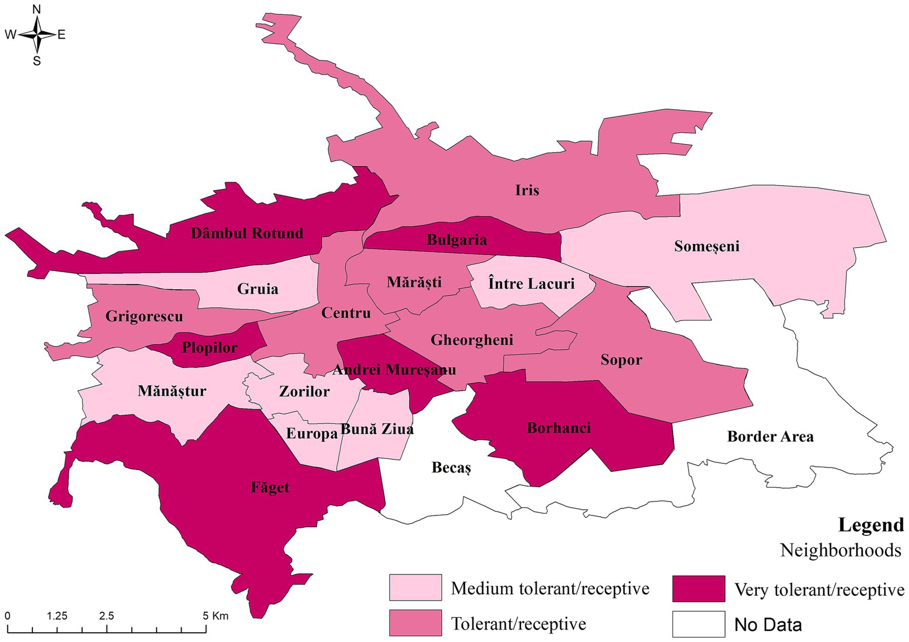 Map of neighborhoods illustrating levels of tolerance and receptiveness. Very tolerant areas are in dark pink, tolerant in medium pink, and medium tolerant in light pink. Some areas lack data. Neighborhood names include Dâmbul Rotund, Gruia, Mărăști, and more, each shaded accordingly. A scale at the bottom shows distances.