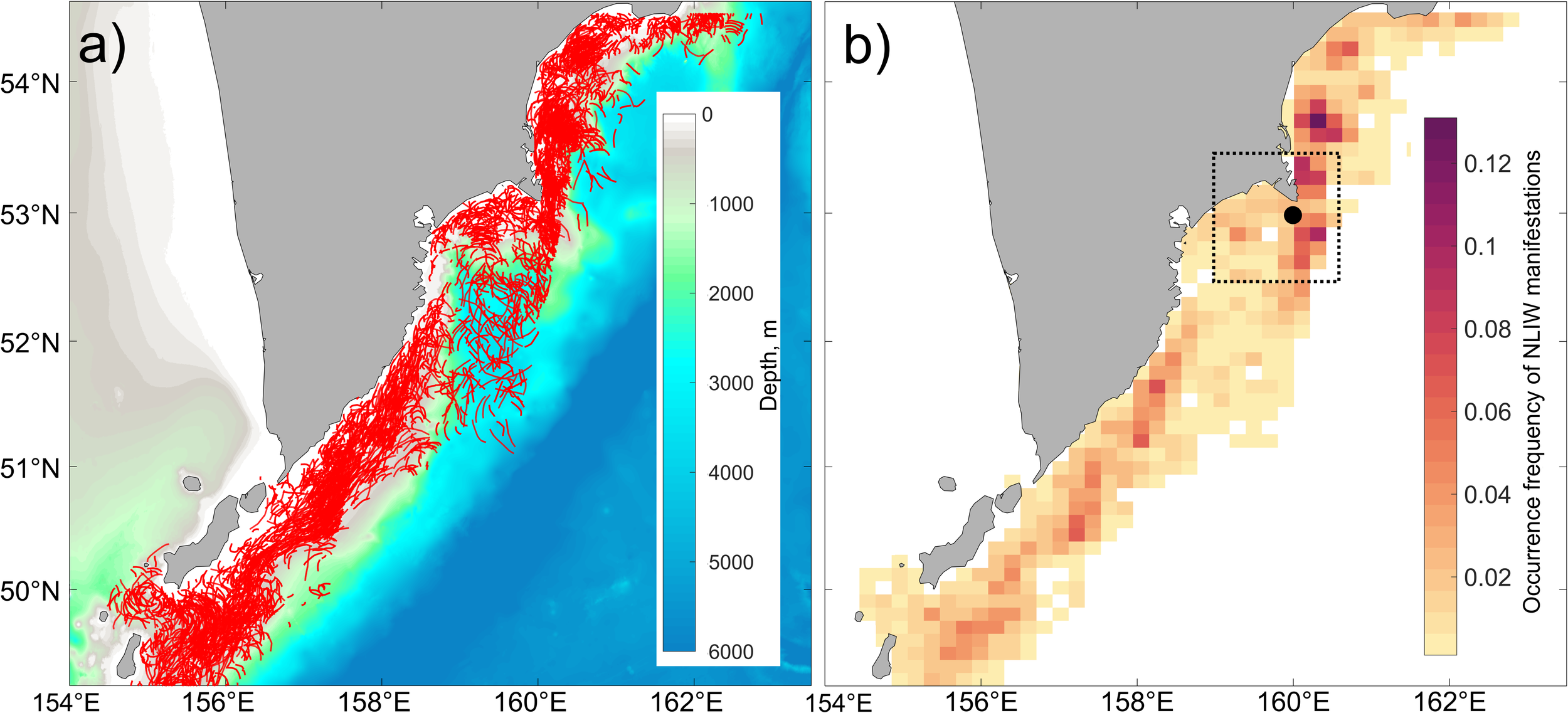 Maps of Nonlinear Internal Wave manifestations locations and characteristics. Panel a) shows ocean depth with colors transitioning from grey (shallow) to blue (deep), marked by red lines represents leading crests of NLIW manifestations. Panel b) depicts the frequency of NLIW manifestations occurrences using a color gradient from yellow (low frequency) to purple (high frequency).