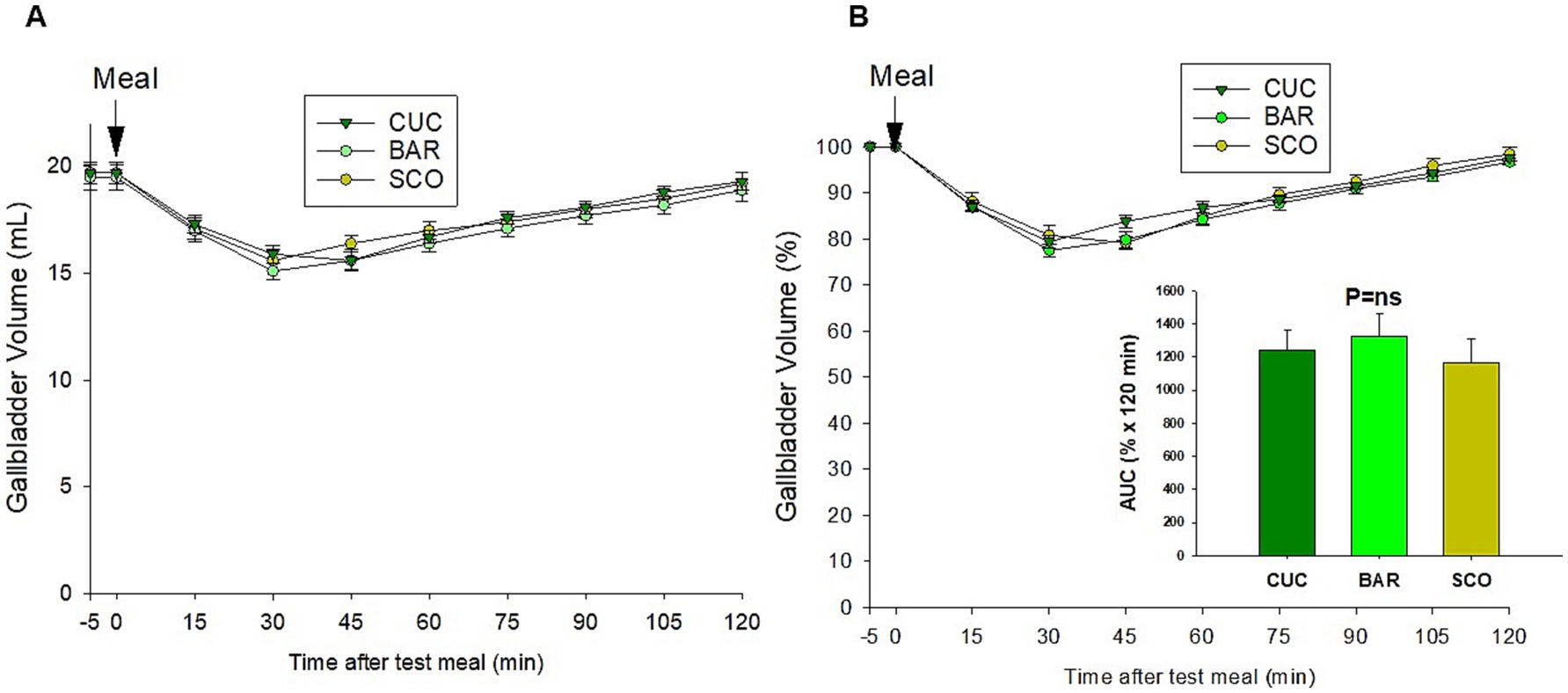 Two graphs compare gallbladder volume over time after a test meal. Graph A shows volume in milliliters, while Graph B shows percentage volume. Both graphs depict data for CUC, BAR, and SCO, with a notable decrease after the meal. An adjacent bar chart shows area under the curve values for the same groups, labeled as not significant (P=ns).