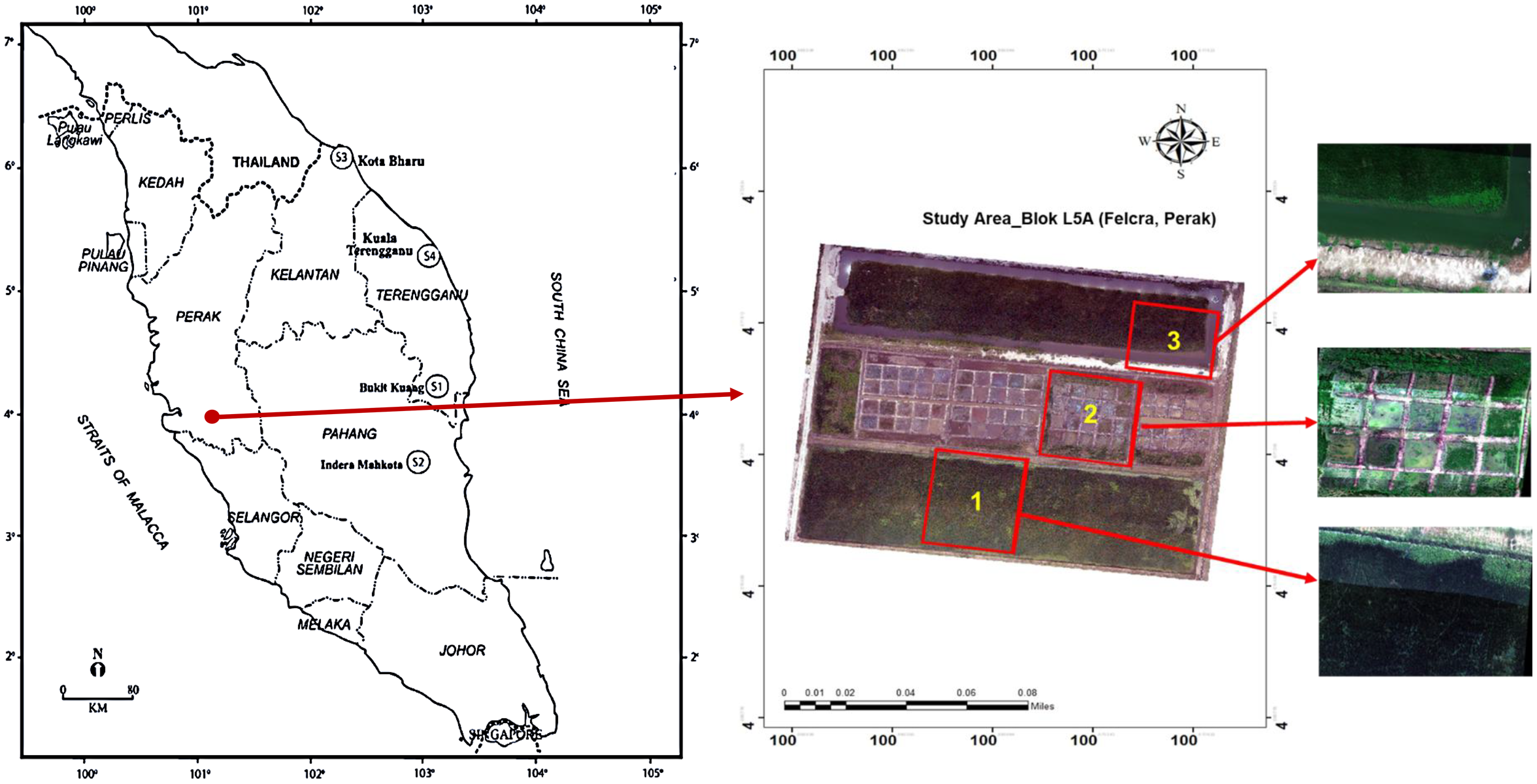 Map of Malaysia highlighting the location of Bukit Kacang in Perak. A red arrow points to an enlarged aerial view of Study Area Blok L5A in Felcra, Perak. This includes three numbered sections labeled 1, 2, and 3, with corresponding zoomed-in images on the right showing detailed land plots. A compass rose is present for orientation.
