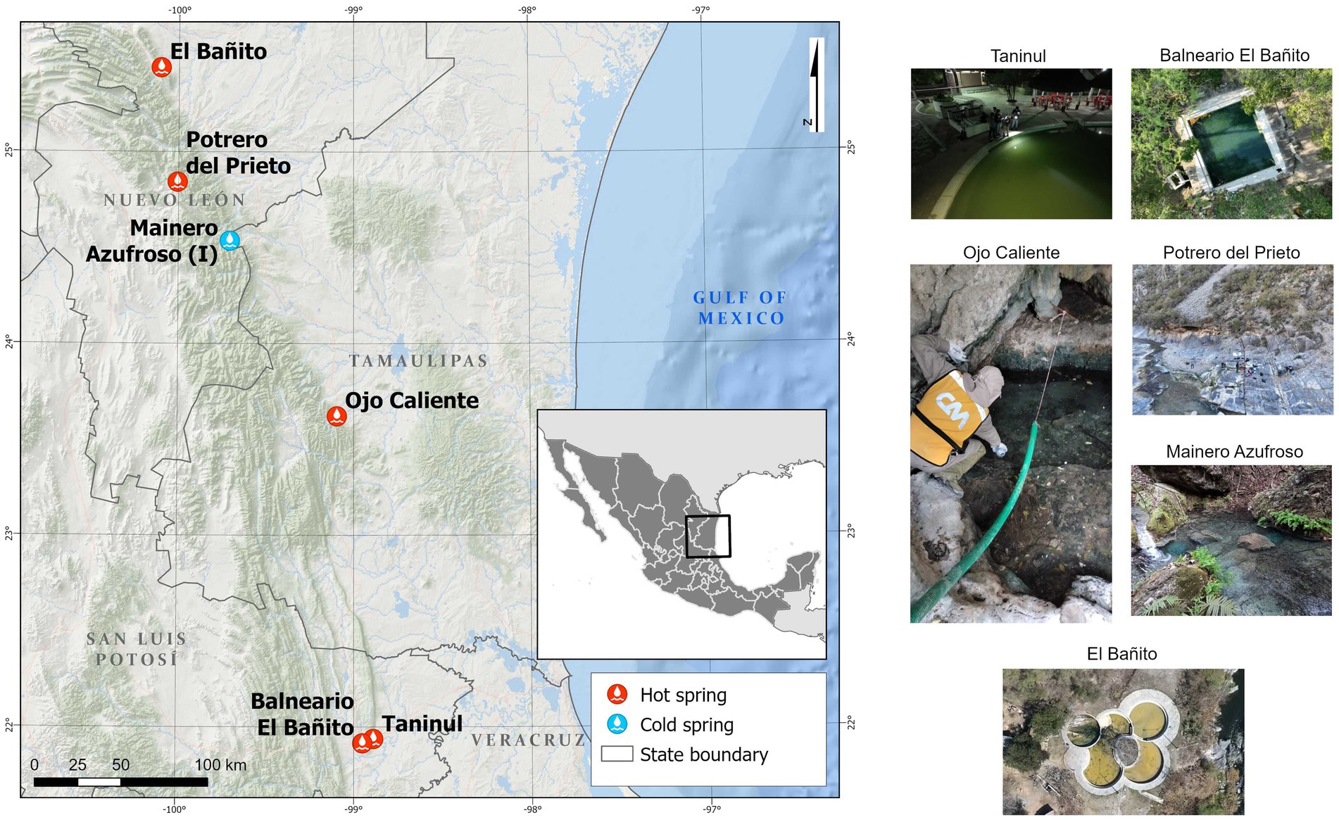 Map and images of hot and cold springs in northeastern Mexico, including Nuevo León, Tamaulipas and San Luis Potosí. Locations such as El Bañito, Potrero del Prieto, Ojo Caliente, Balneario El Bañito, Mainero Azufroso, and Taninul are marked. Inset shows the region’s position within Mexico. Photos depict various springs and a person collecting water samples at Ojo Caliente.