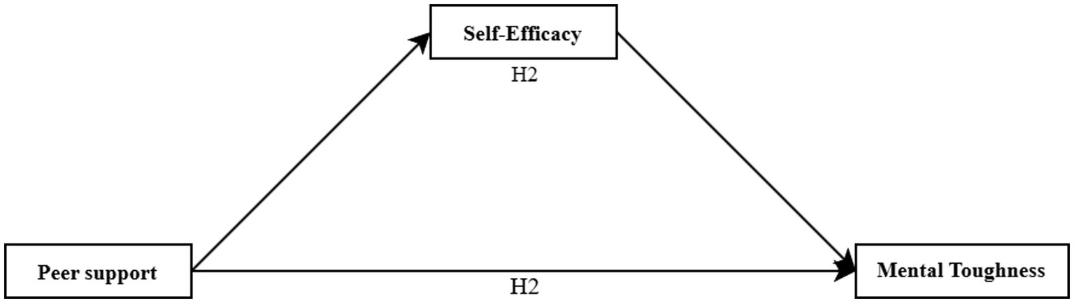 Diagram illustrating relationships between three concepts: Peer Support, Self-Efficacy, and Mental Toughness. Arrows indicate Peer Support directly impacts Mental Toughness (H1). Peer Support influences Self-Efficacy and Self-Efficacy affects Mental Toughness(H2).
