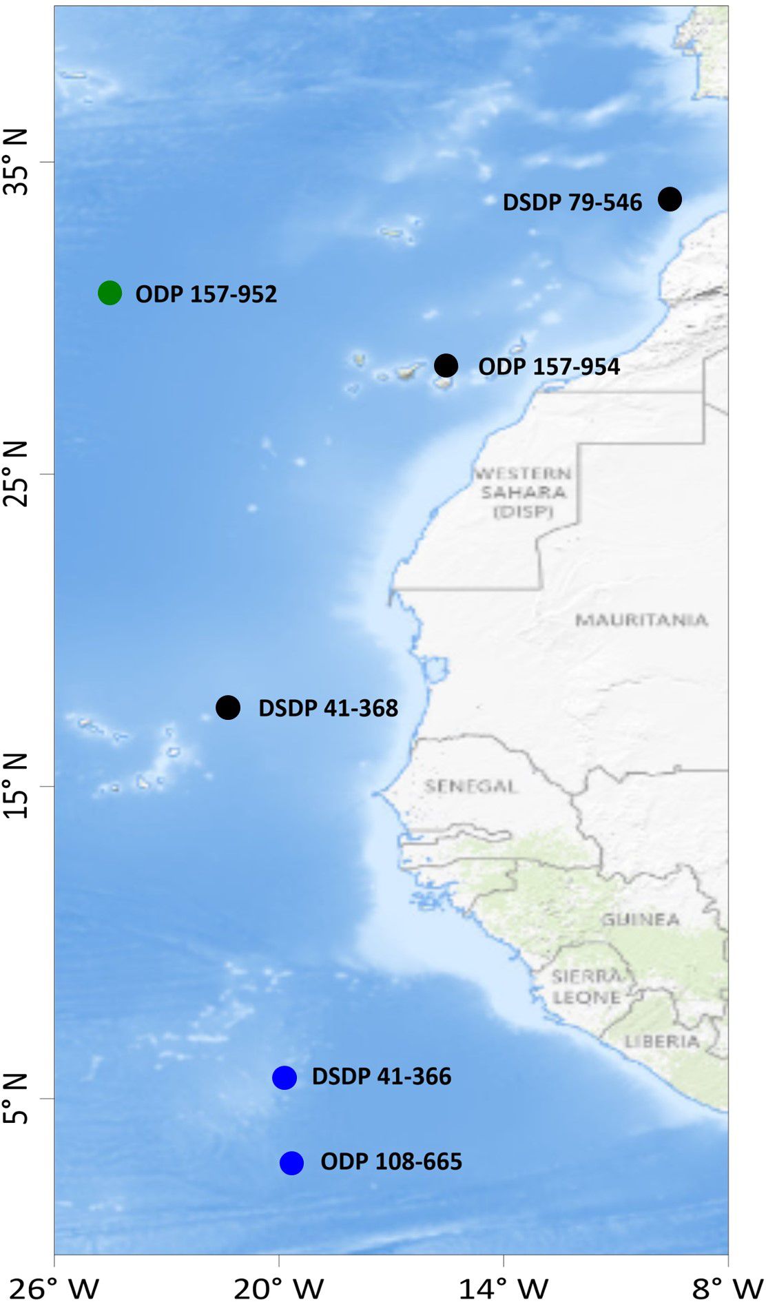 Map of the eastern Atlantic Ocean showing drilling sites marked with dots. Sites include ODP 157-952 north of the Canary Islands, DSDP 79-546 off Western Sahara, ODP 157-954 near Mauritania, DSDP 41-368 west of Senegal, and two sites, DSDP 41-366 and ODP 108-665, near Liberia.