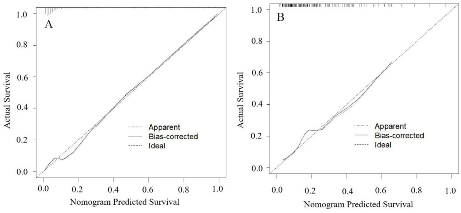 Two calibration plots show actual survival versus nomogram predicted survival. Plot A and Plot B both include three lines: apparent, bias-corrected, and ideal. Each plot measures between zero and one on both axes, displaying close alignment between predicted and actual values, with slight deviations.