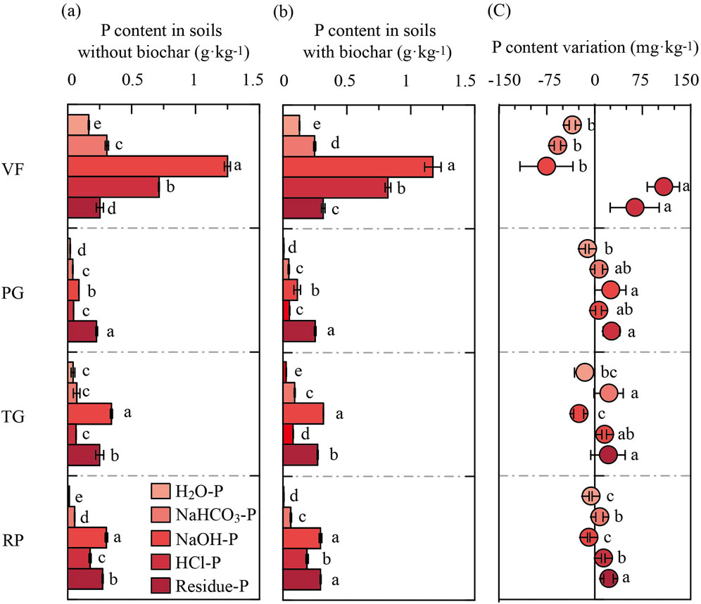Bar graphs labeled (a), (b), and (c) compare phosphorus (P) content in soils. Graph (a) shows P content without biochar; graph (b) with biochar; graph (c) displays P content variation. Categories VF, PG, TG, and RP are analyzed with P extraction methods: H2O-P, NaHCO3-P, NaOH-P, HCl-P, and Residue-P. Bars indicate levels and variability, with letters denoting statistical significance.