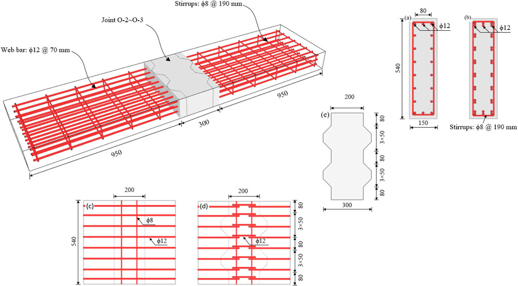 Diagram of a reinforced concrete beam showing red reinforcing bars and stirrups. Main view illustrates web bars, stirrups, and joint details, with dimensions labeled. Cross-sectional views (a-e) highlight bar placement and dimensions, specifying bar sizes as phi twelve and stirrups phi eight. Dimensions in millimeters include various structural details like width, height, and spacing.