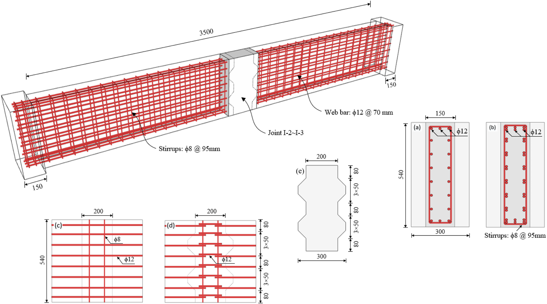 Diagram of a reinforced concrete beam with detailed dimensions and reinforcement specifications. The main beam measures 3500 millimeters in length, with stirrups of diameter 8 millimeters placed at 95 millimeter intervals. Web bars have a diameter of 12 millimeters at 70 millimeter spacing. It also shows cross-sectional views, labeled (a) and (b), each 150 millimeters wide and 540 millimeters high, with specific reinforcement layouts. Panels (c) and (d) display different reinforcement arrangements and panel (e) outlines a notched profile section of 300 millimeters width.