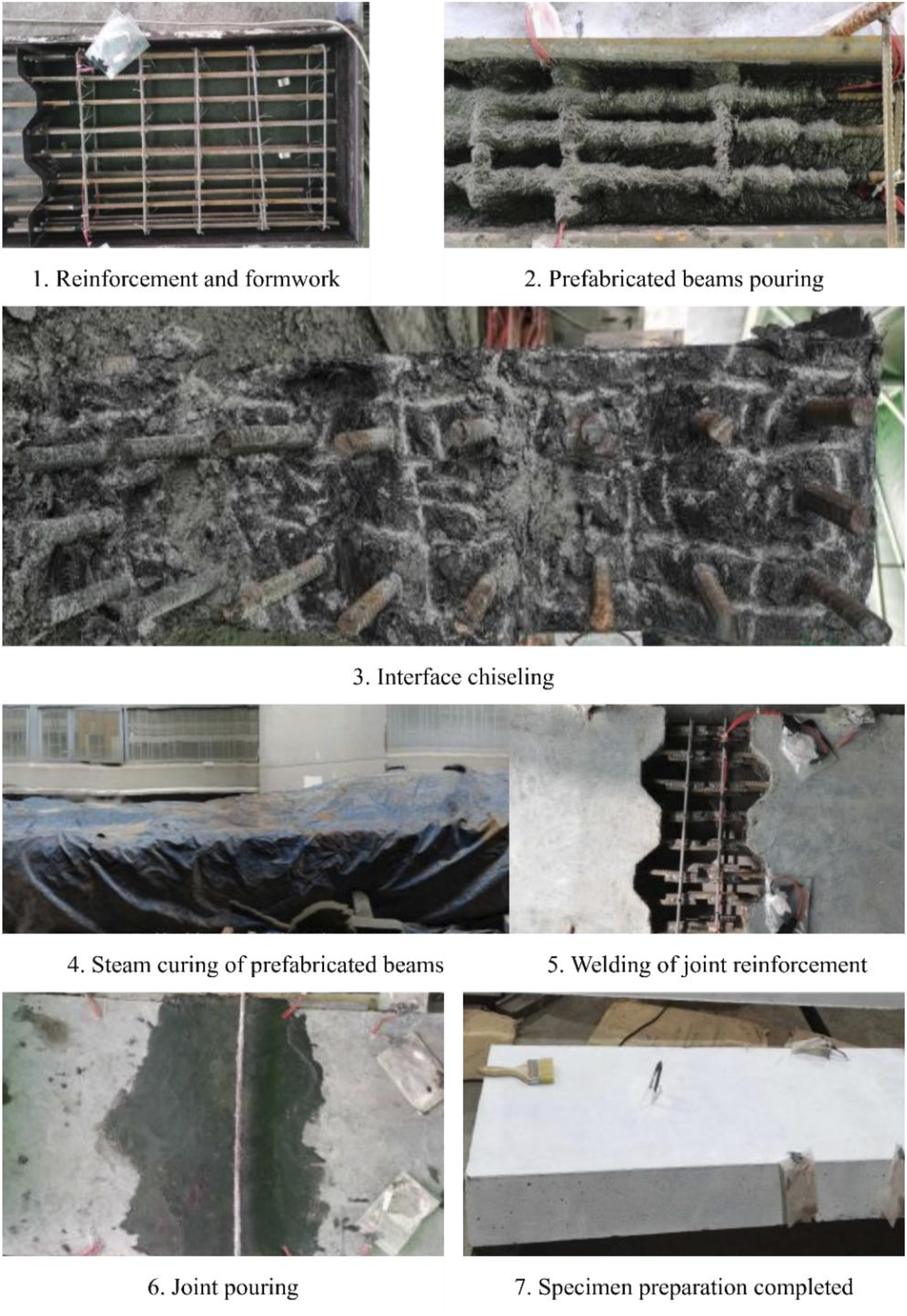 1. Reinforcement bars placed in formwork. 2. Concrete is poured into prefabricated beams. 3. Chiseling of the beam interface. 4. Prefabricated beams covered for steam curing. 5. Welding of joint reinforcement bars. 6. Pouring concrete joints. 7. Completed specimen preparation with finished concrete block.