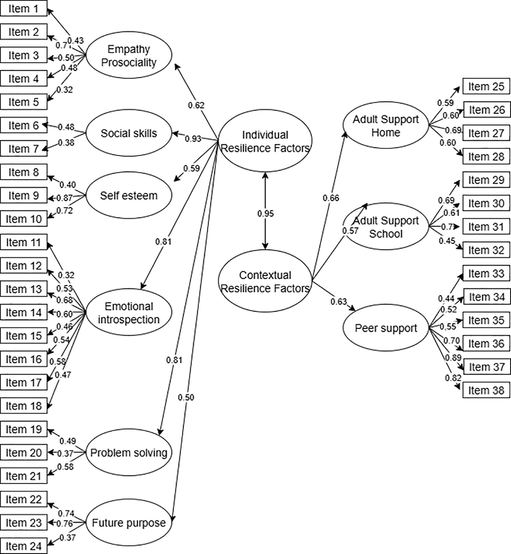 Diagram showing the relationships between measurement items and resilience factors. Items are grouped under “Individual Resilience Factors” including Empathy Prosociality, Social Skills, Self-esteem, Emotional Introspection, Problem Solving, and Future Purpose. “Contextual Resilience Factors” include Adult Support Home, Adult Support School, and Peer Support. Numerical values between items and factors indicate the strength of association.