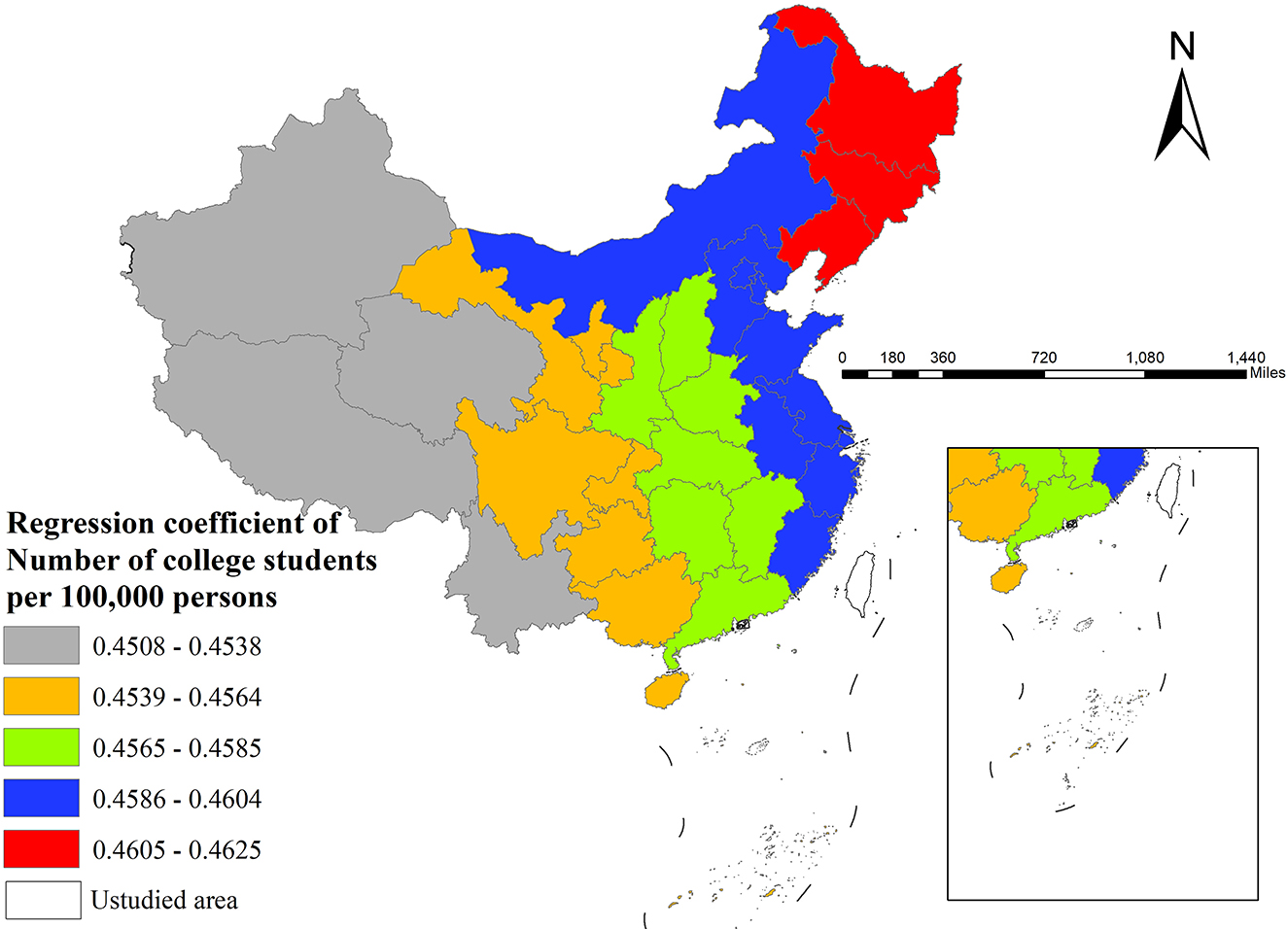 Map of China showing regression coefficients of college students per 100,000 people by region. Regions are color-coded: gray (0.4508-0.4538), orange (0.4539-0.4564), green (0.4565-0.4585), blue (0.4586-0.4604), and red (0.4605-0.4625). White areas denote unstudied regions. Includes a scale and compass. Inset map shows the South China Sea islands.