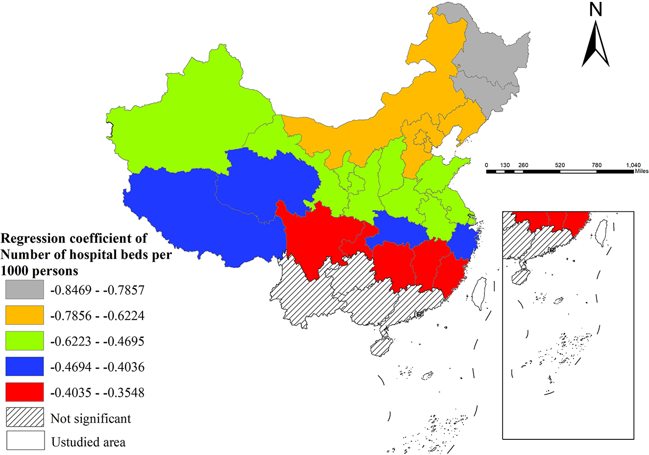 Map of China showing the regression coefficients for the number of hospital beds per 1,000 persons. Regions are color-coded: grey, orange, green, blue, and red, representing different coefficient ranges. Hatched areas are not significant. White areas are unstudied. A compass and scale bar are present. An inset shows the South China Sea islands.