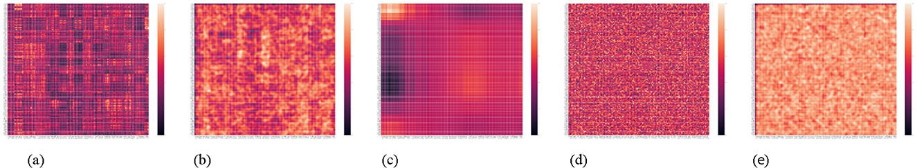 Five heatmap panels comparing different transformer models. (a) Transformer shows grid-like patterns. (b) Transformer+ANAA has a more dispersed pattern. (c) Pre-trained Transformer shows distinct horizontal lines. (d) Pre-trained Transformer+RNA appears densely patterned. (e) Pre-trained Transformer+ANAA exhibits a speckled texture. Color scales range from purple to orange.