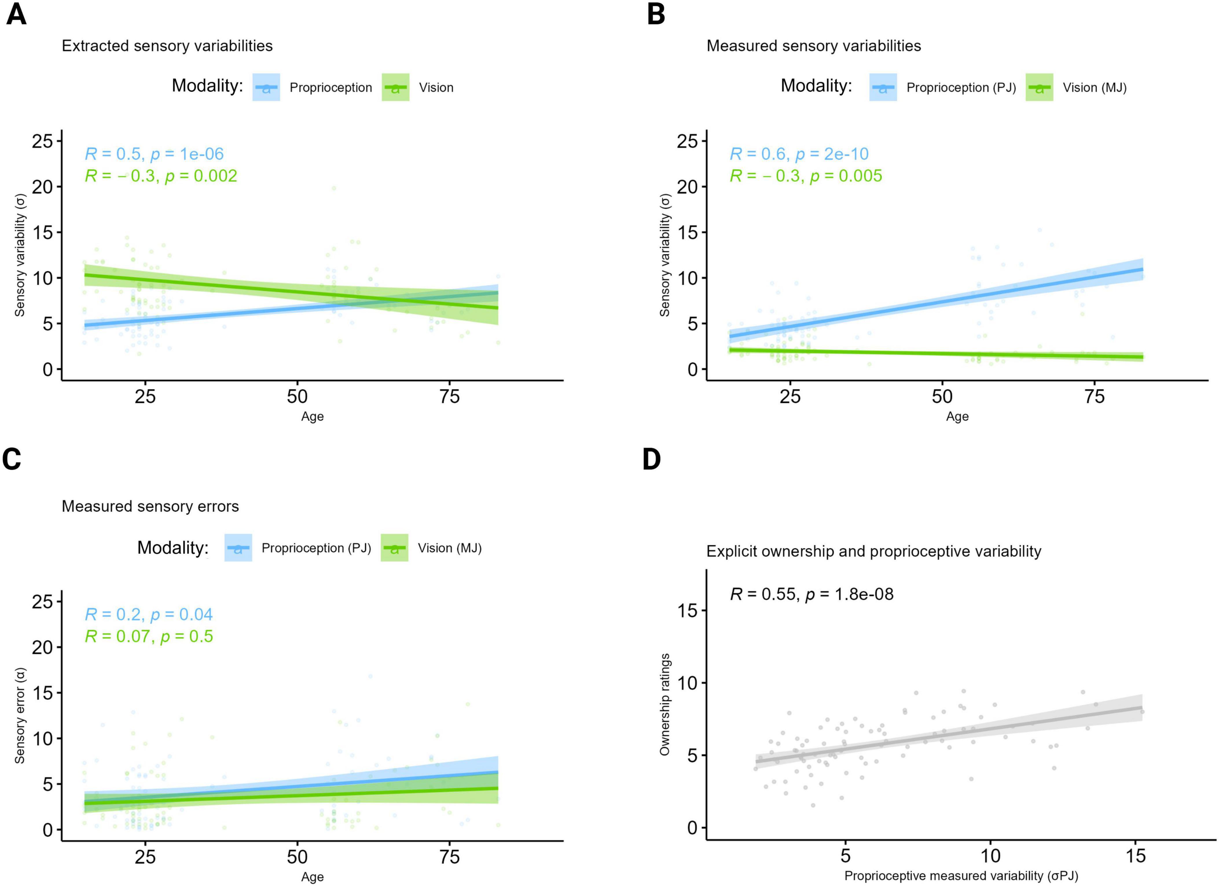 The figure represents the sensory behaviour underlying hand ownership extracted from the Bayesian Causal Inference model and measured at the complementary tasks. Overall, age-related changes in hand ownership are explained by a decline of proprioceptive abilities, accompanied by a higher tendency to rely on visual infomration with advancing age. Moreover, regardless of age, participants with lower proprioceptive precision are those that incorporate more external objects (i.e., virtual hands) as part of their body.
