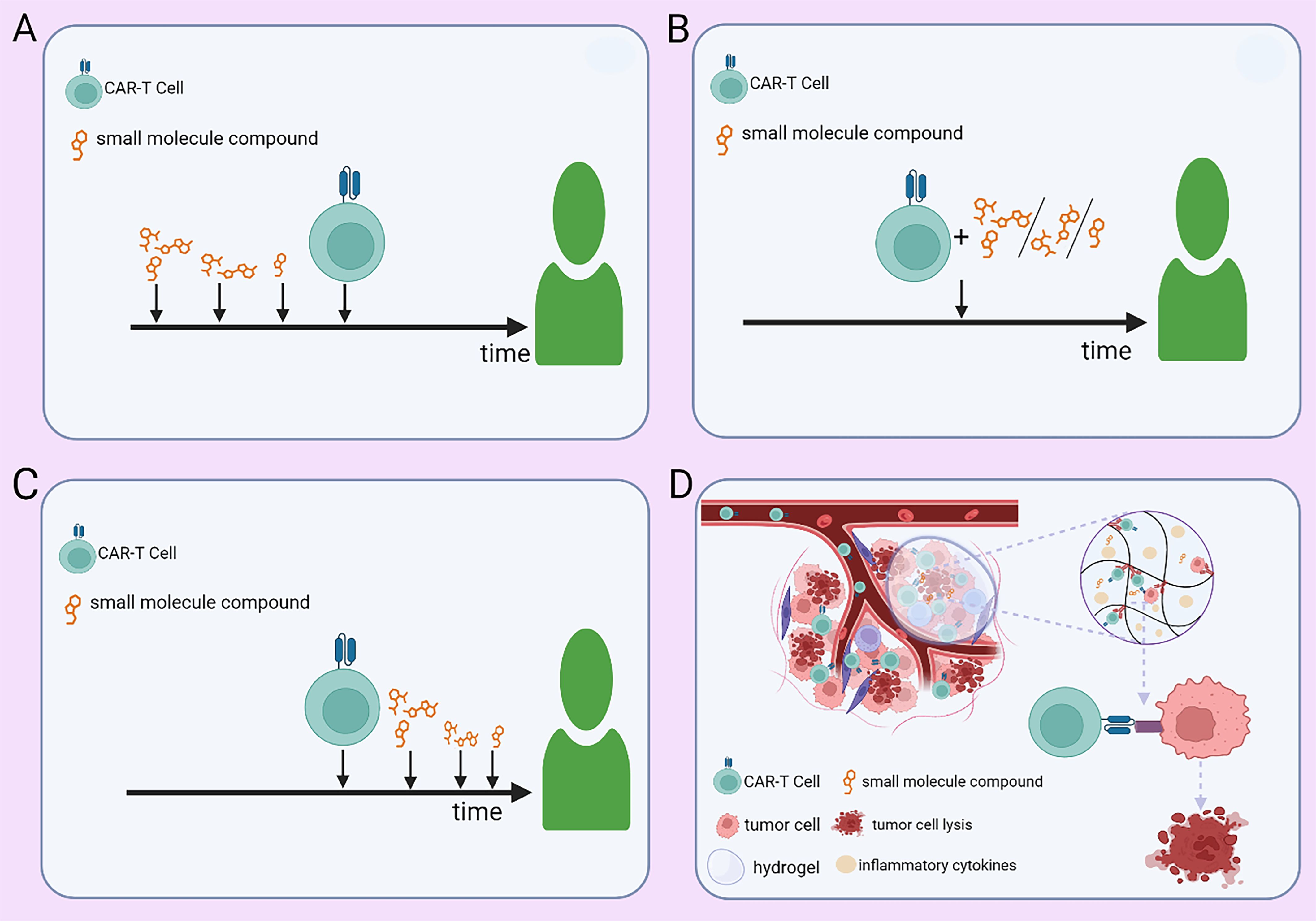 A four-panel diagram explaining CAR-T cell interactions with small molecule compounds over time. Panels A, B, and C show different sequences of compounds interacting with CAR-T cells, illustrated with arrows on a timeline leading to a silhouette of a person. Panel D details CAR-T cells targeting tumor cells with hydrogels, indicating tumor cell lysis and the presence of inflammatory cytokines.