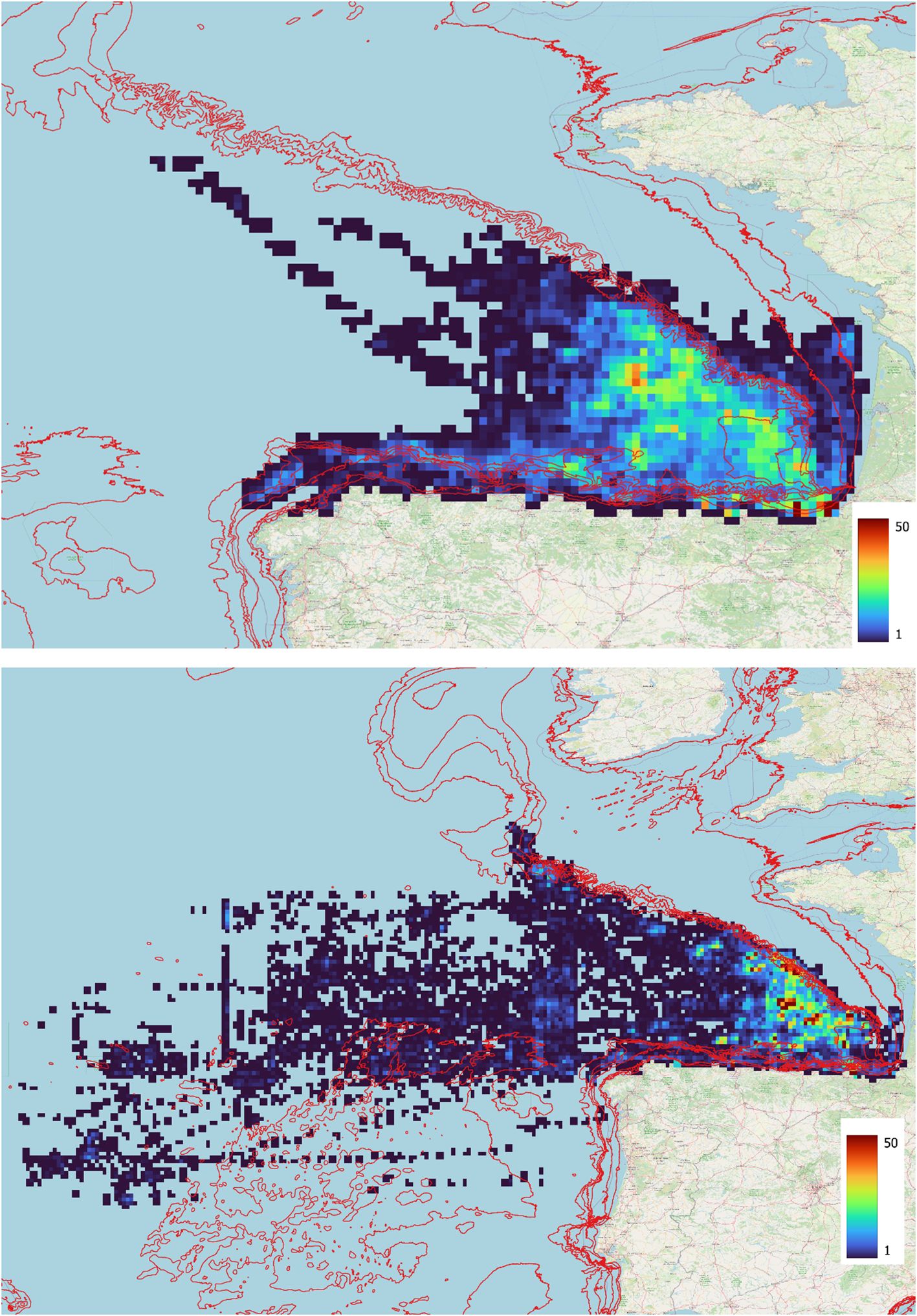 Two heat maps overlaid on a coastal map. Both include a color gradient legend ranging from blue to red, representing values from one to fifty, and are marked with red contours along the coastlines. The top image shows a dense concentration of data points in mixed colors primarily over the Bay of Biscay. The lower image covers a broader area, from the Bay of Biscay to the Azores archipelago, with data points scattered throughout.
