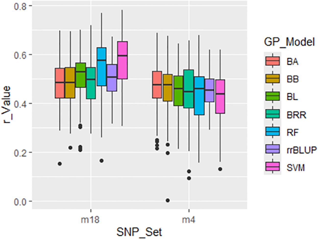 Box plot comparing r_Values for different GP_Models across two SNP_Sets, m18 and m4. The models, represented by different colors, include BA, BB, BL, BRR, RF, rrBLUP, and SVM.