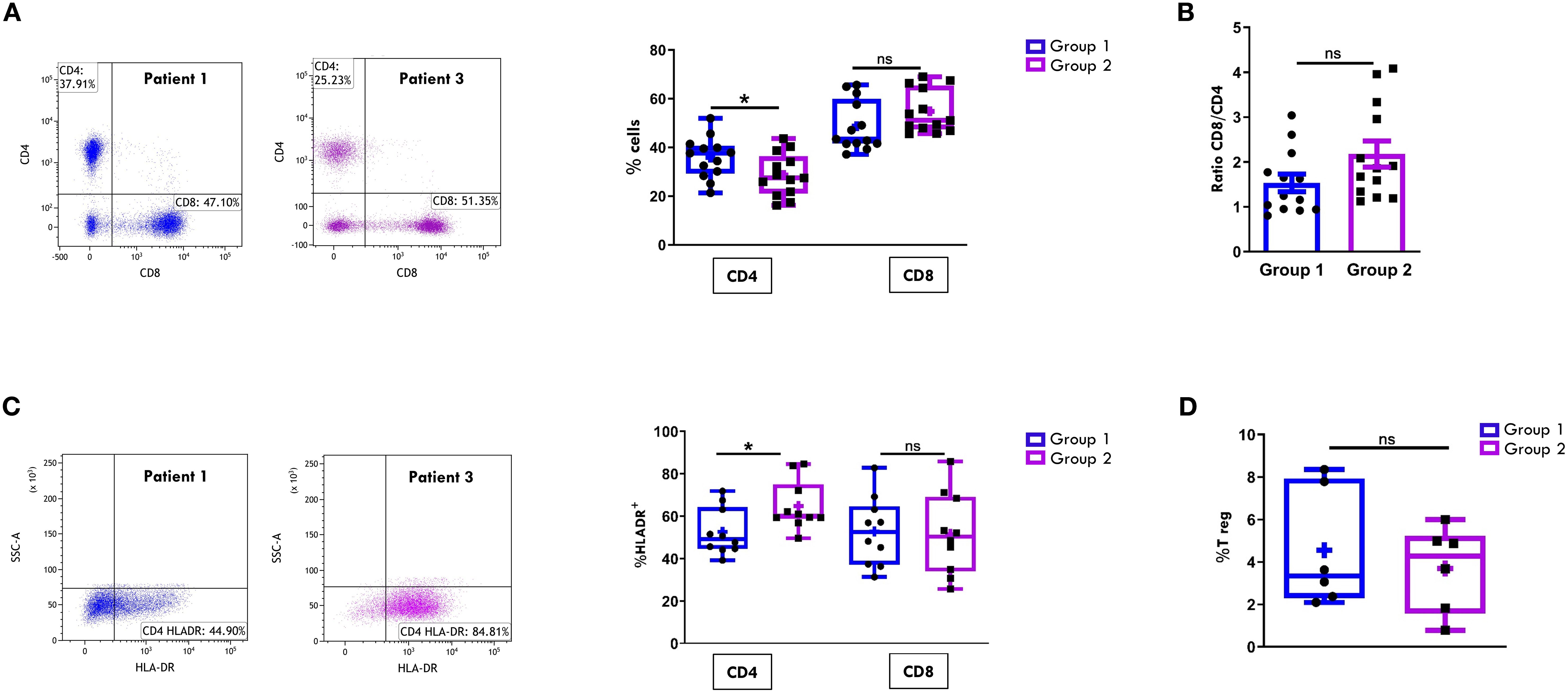 Scatter plots and bar charts depict T cell data in SF from two patient groups. Panel A shows CD4 and CD8 cell percentages for patients one and three, with significant CD4 differences between groups. Panel B displays CD8/CD4 ratios, showing no significant difference. Panel C illustrates percentage of HLA-DR positive cells, highlighting a significant difference in CD4. Panel D shows T regulatory cell percentages, with no significant difference between groups. Group 1 is indicated by blue markers, group 2 by purple markers.
