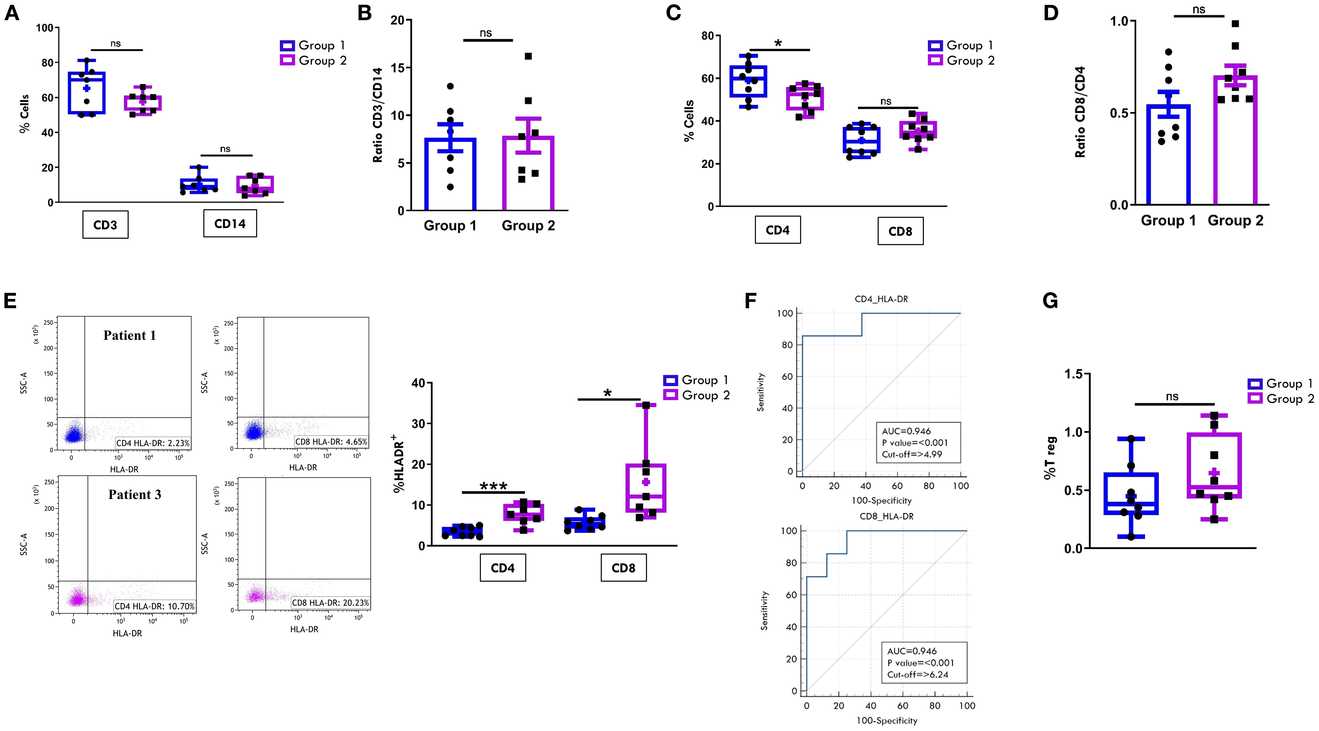 A series of graphs and plots depicting immunological data analysis in PB. Plots in panel A shows the percentage of CD3 and CD14 cells in the two groups of patients., with no significant difference. Bar graph in panel B depicts the CD3/CD14 ratio between the two groups, again showing no significance. Plots in panel C compares CD4 and CD8 percentages between groups, with CD4 showing significance. Bar graph in panel D illustrates the CD8/CD4 ratio, showing no significant difference. Panel E contains scatter plots for HLADR expression in patients, with significance for CD4 and CD8. Panel F displays ROC curves for CD4 and CD8 HLADR, with high AUC values. Plots in panel G represents T regulatory cell percentages, with no significant difference between the two groups. Group 1 is indicated by blue markers, group 2 by purple markers.