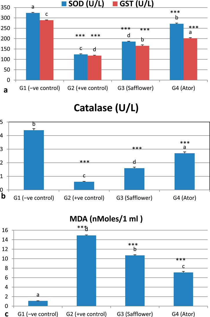 Bar charts showing biochemical markers. Chart a displays SOD and GST levels for four groups: G1 (negative control), G2 (positive control), G3 (Safflower), and G4 (Ator), with G1 having the highest SOD. Chart b shows Catalase levels, highest in G4. Chart c illustrates MDA levels, with G2 having the highest. Statistically significant differences are indicated with asterisks.