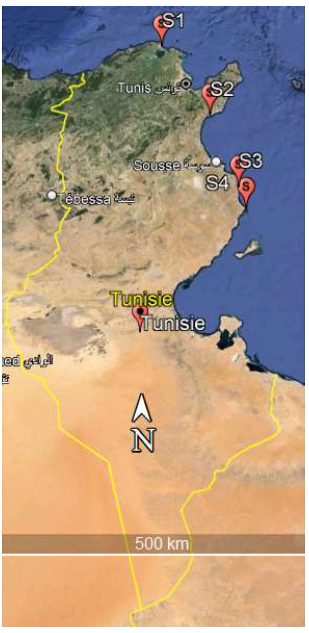 Map of Tunisia showing geographic locations with markers S1 to S4. Cities like Tunis and Sousse are labeled. A yellow border outlines the country, and a scale indicates 500 kilometers. A north arrow is present.