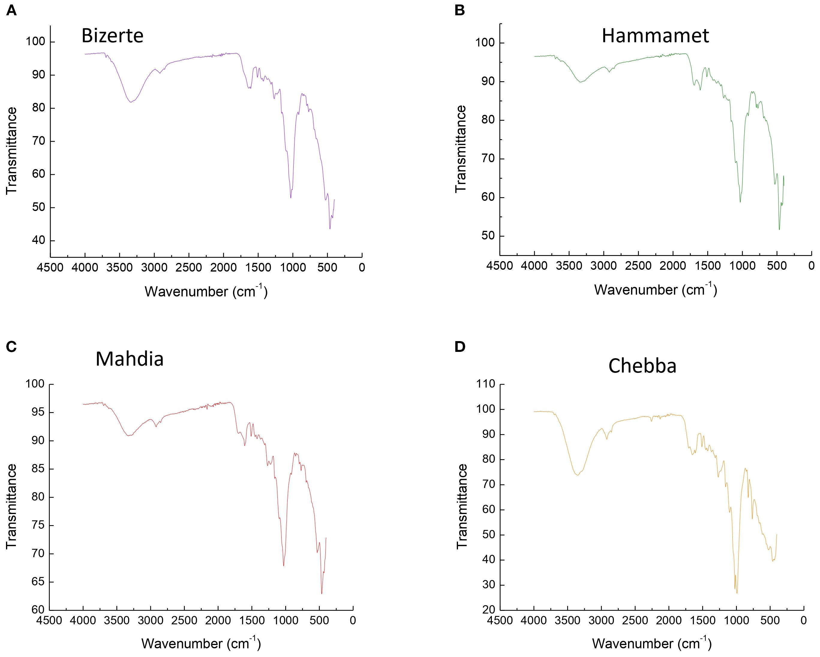 Four infrared spectroscopy graphs labeled A, B, C, and D demonstrate transmittance versus wavenumber for regions Bizerte, Hammamet, Mahdia, and Chebba. Each graph displays differing transmittance patterns across the wavenumber range of 0 to 4500 cm^-1.