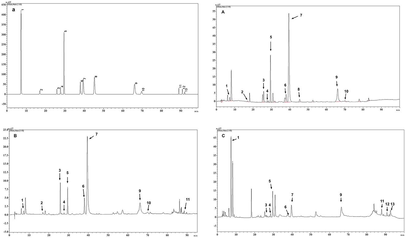 Four chromatograms labeled a, A, B, and C, each showing peaks at various retention times. Peaks are labeled with numbers. Chromatogram a has a prominent peak around 40 minutes. Chromatogram A shows significant peaks near 7 and 30 minutes. Chromatogram B highlights peaks around 7 and 50 minutes. Chromatogram C features a peak at 5 minutes and multiple smaller peaks throughout. The intensity varies across chromatograms.