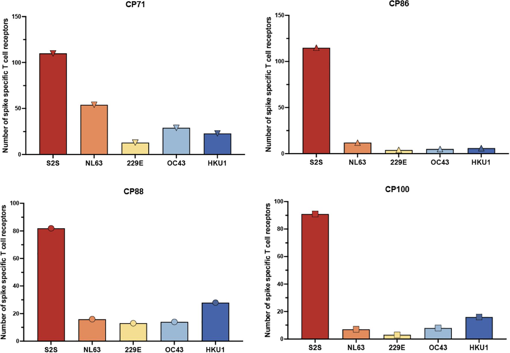 Bar graphs titled CP71, CP86, CP88, and CP100 display the number of spike-specific T-cell receptors for different variants: S2S, NL63, 229E, OC43, and HKU1. In each graph, S2S consistently has the highest number of receptors, while the others have significantly lower values. The bars are color-coded: S2S (red), NL63 (orange), 229E (yellow), OC43 (light blue), and HKU1 (blue).