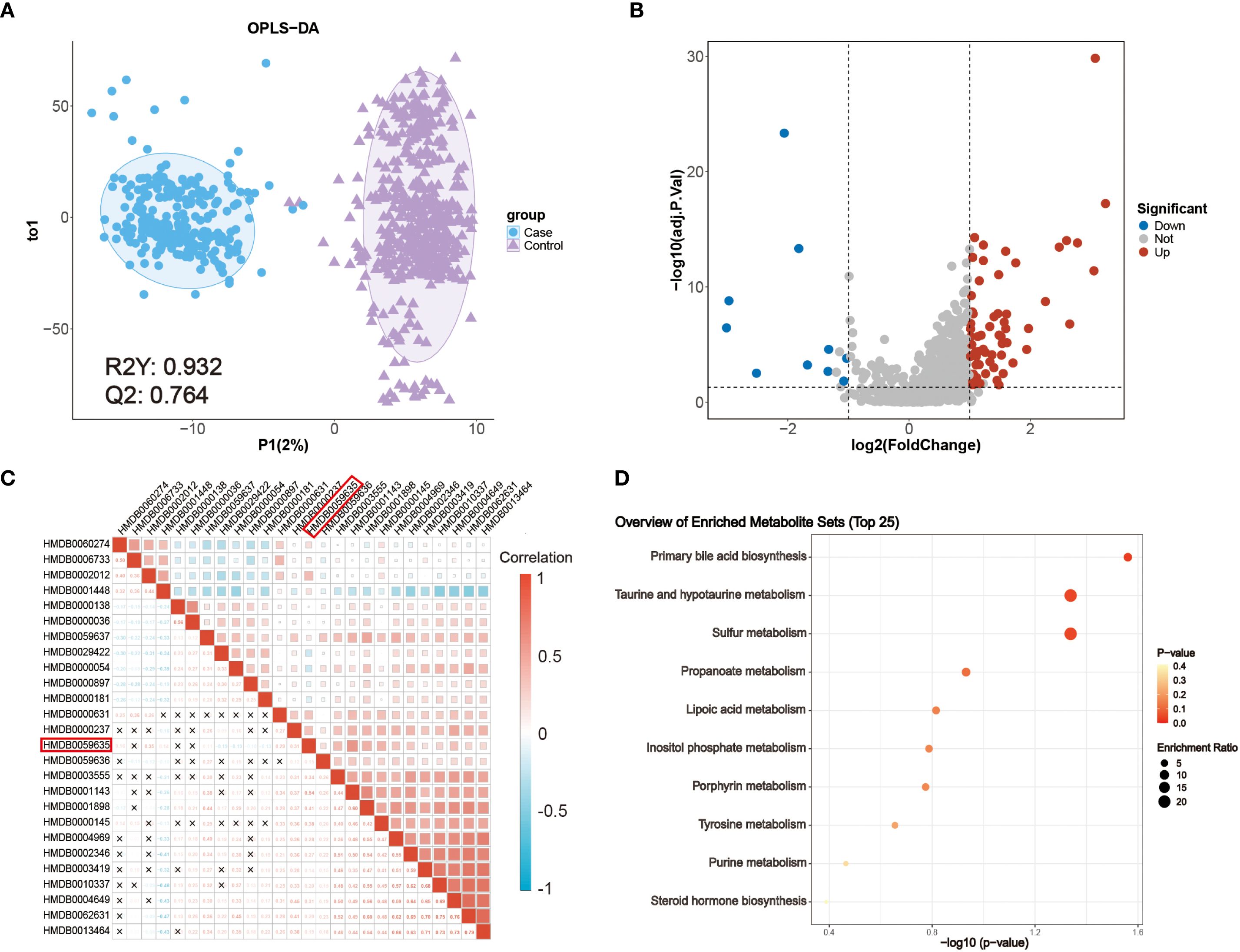 Panel A shows an OPLS-DA scatter plot with blue circles for the case group and purple triangles for the control group, indicating separation. Panel B presents a volcano plot of fold change vs. significance, with red and blue dots indicating significant changes. Panel C features a correlation heatmap with various metabolites. Panel D depicts a dot plot of enriched metabolite sets, arranged by significance and enrichment ratio.