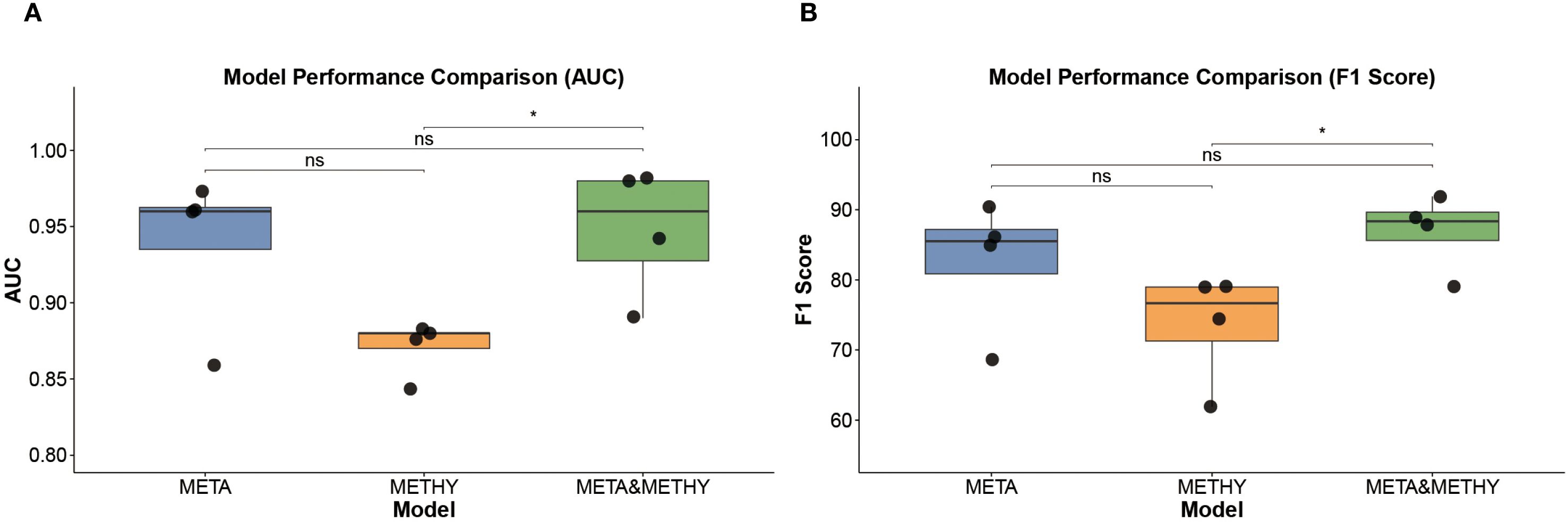 Box plots comparing model performance. Panel A shows AUC scores: META (blue) around 0.95, METHY (orange) lower around 0.9, META&METHY (green) highest around 0.97. Panel B shows F1 scores: META around 85, METHY lower, META&METHY highest around 92. Statistical significance indicated by asterisks; “ns” denotes not significant.