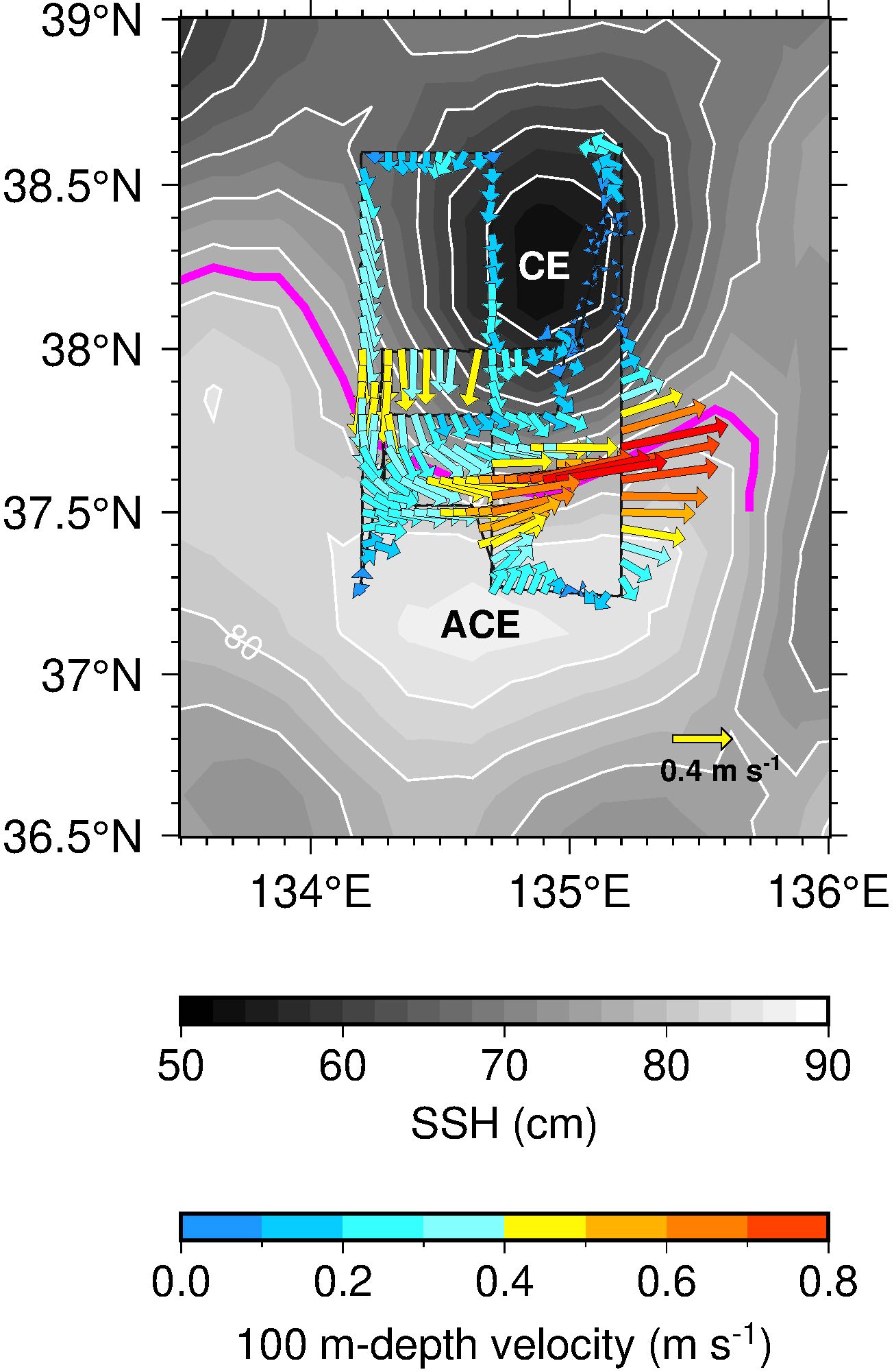 Map showing sea surface height and 100-meter depth velocity in a region between 134°E and 136°E and 36.5°N to 39°N. Contour lines indicate varying sea surface heights, labeled from 50 to 90 centimeters. Colored arrows depict ocean currents, with the color gradient from blue to red representing velocities from 0.0 to 0.8 meters per second. Two eddies are labeled, CE and ACE. A yellow arrow indicates a reference velocity of 0.4 meters per second.