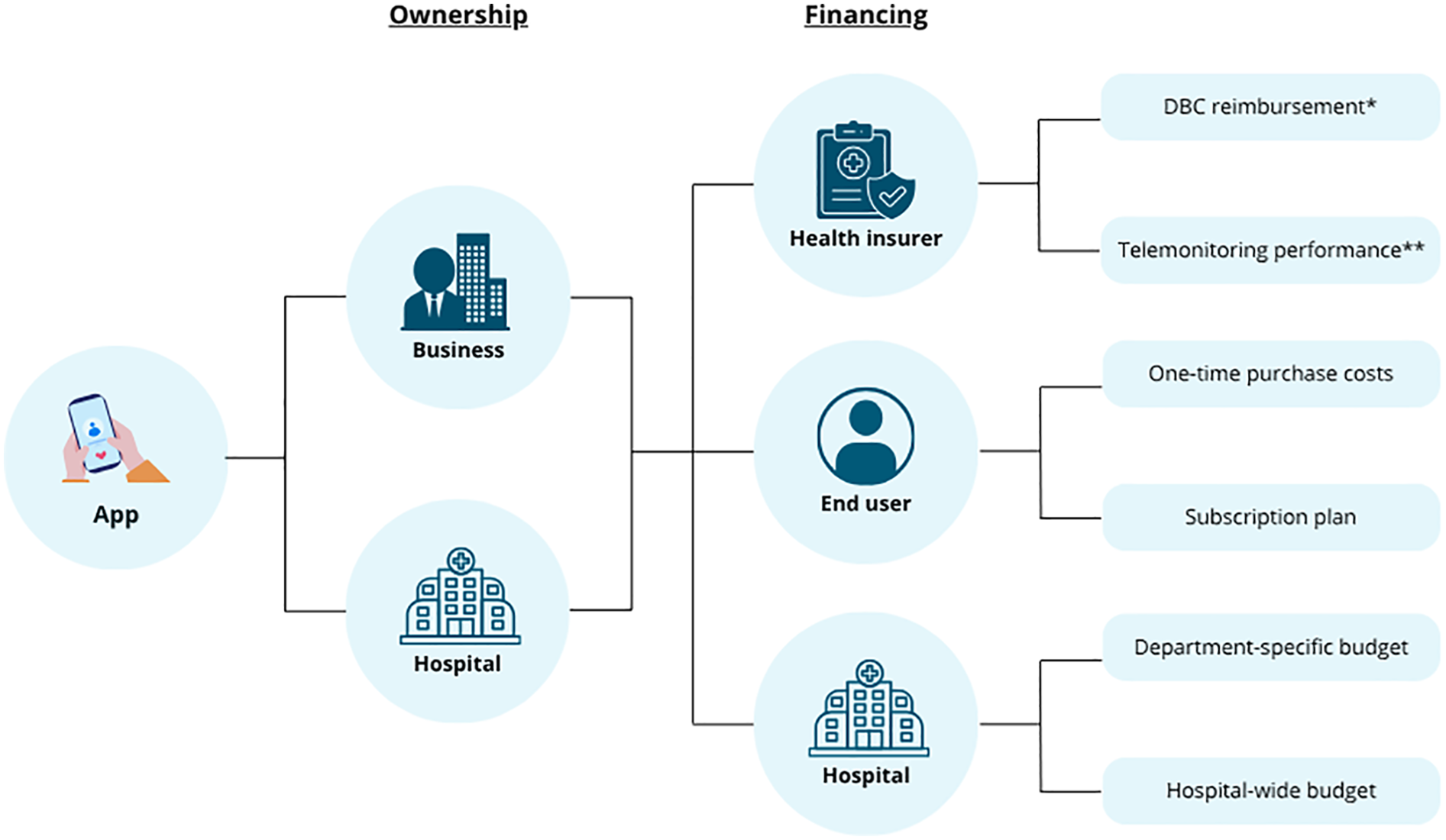 Flowchart depicting the ownership and financing of a telehealth app. Under \"Ownership,\" circles represent \"Business\" and \"Hospital.\" Under \"Financing,\" \"Health insurer,\" \"End user,\" and \"Hospital\" are linked to various financing options: \"DBC reimbursement,\" \"Telemonitoring performance,\" \"One-time purchase costs,\" \"Subscription plan,\" \"Department-specific budget,\" and \"Hospital-wide budget.\"