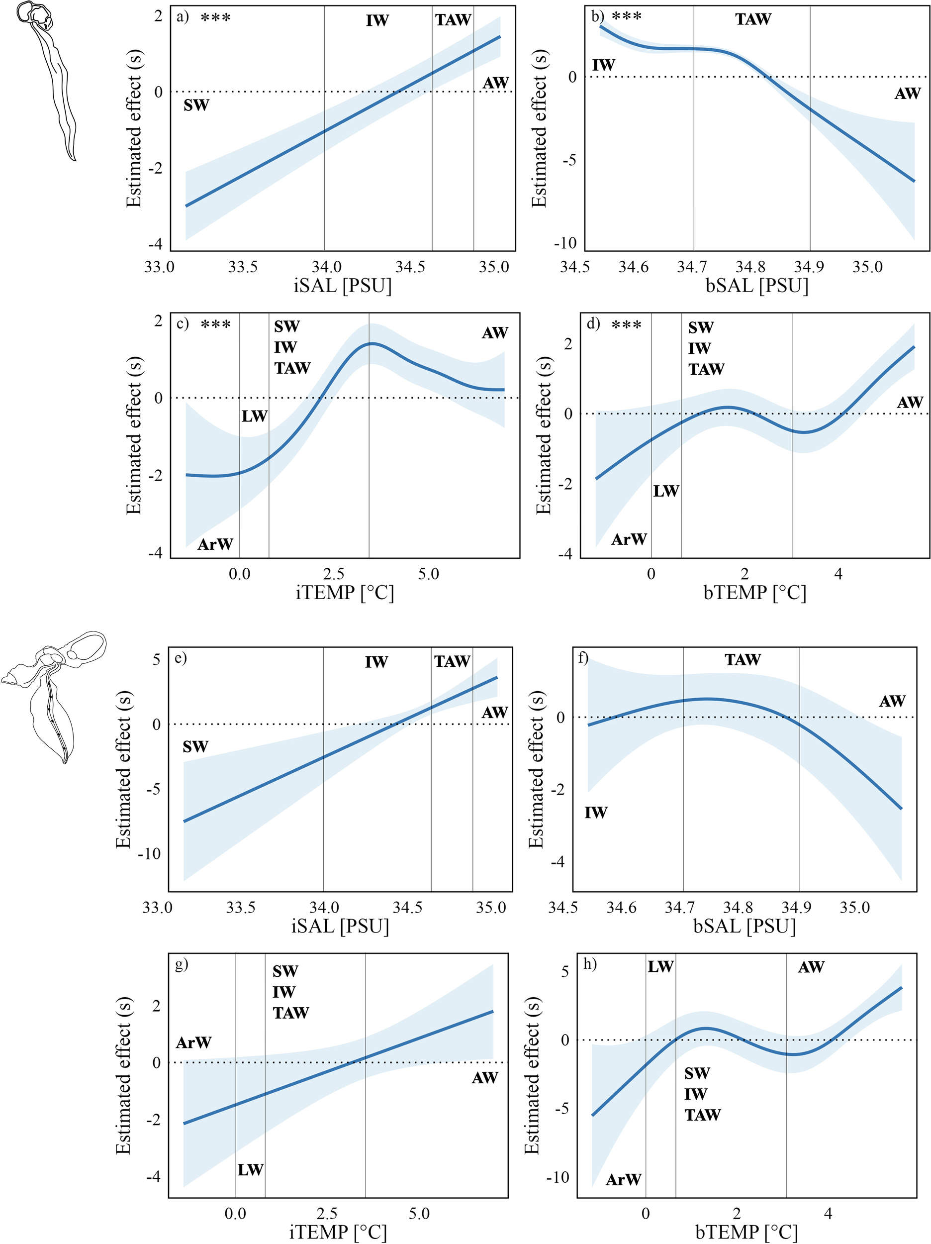 Graphs a to h display estimated effects of salinity and temperature on a variable, with shaded confidence intervals. Each graph shows different trends, such as increasing, decreasing, or fluctuating effects. Labels like SW, IW, TAW, and AW indicate water types, while axes vary between iSAL, bSAL, iTEMP, and bTEMP, with values noted in PSU or degrees Celsius. Two illustrations of creatures are present on the left side.