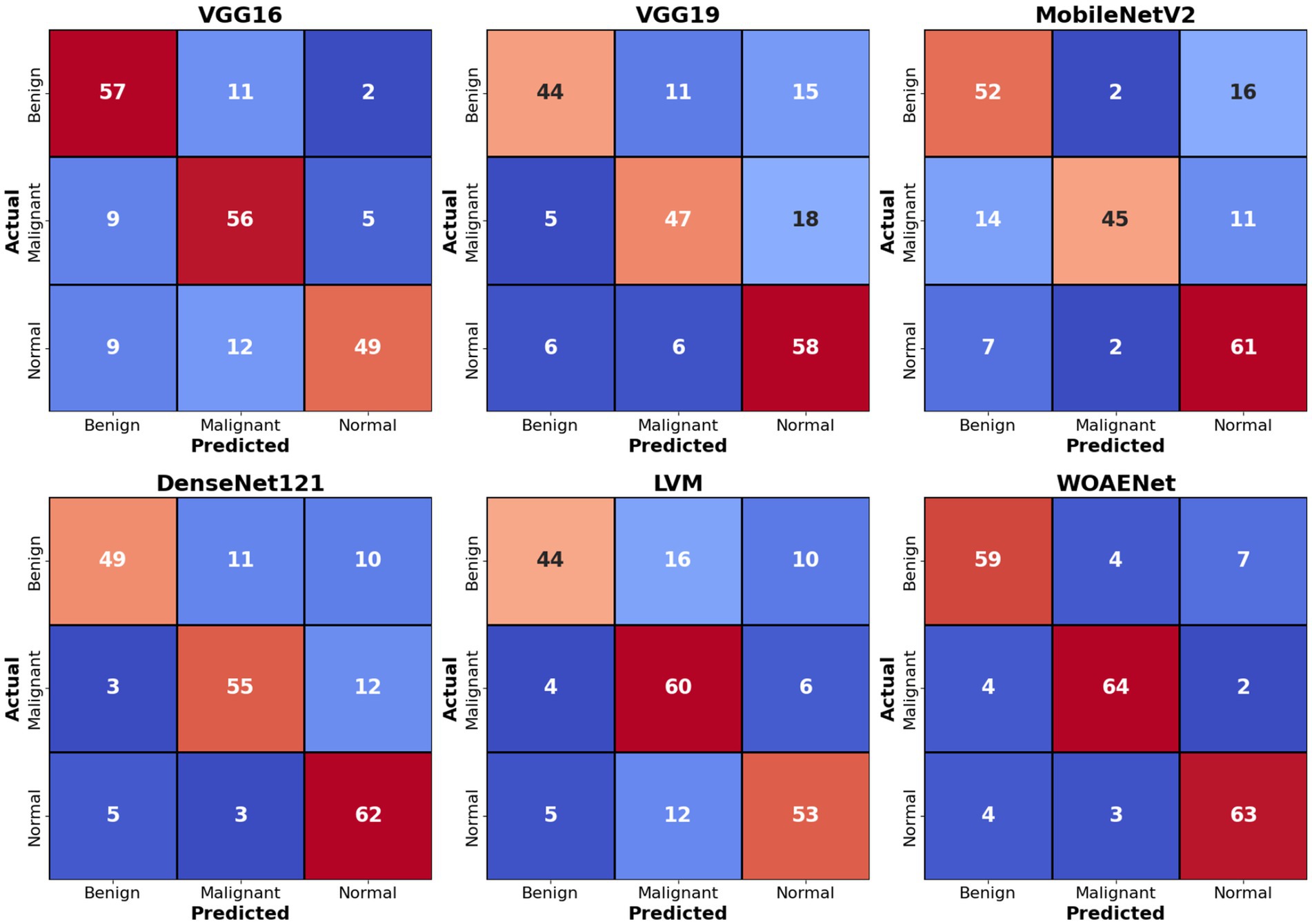 Six confusion matrices for models VGG16, VGG19, MobileNetV2, DenseNet121, LVM, and WOAENet show classification performance. Rows represent actual labels and columns predicted labels for benign, malignant, and normal categories. Each matrix displays true positives, false positives, false negatives, and true negatives using a color gradient from blue to red, indicating varying accuracies across models.