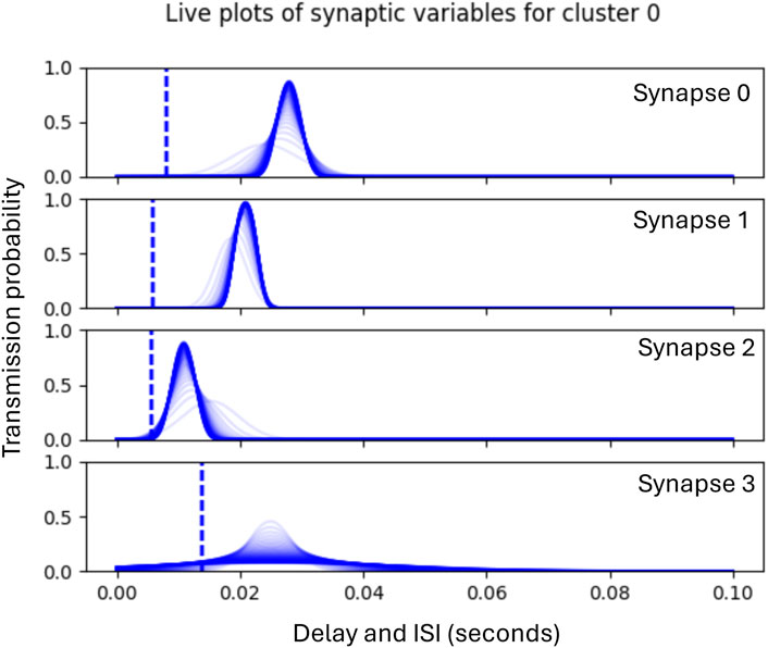 Graphs showing synaptic transmission probability for cluster 0 over time. Four plots are labeled Synapse 0 to Synapse 3. Each shows a bell curve peak around 0.02 seconds, with the y-axis indicating probability from 0 to 1.