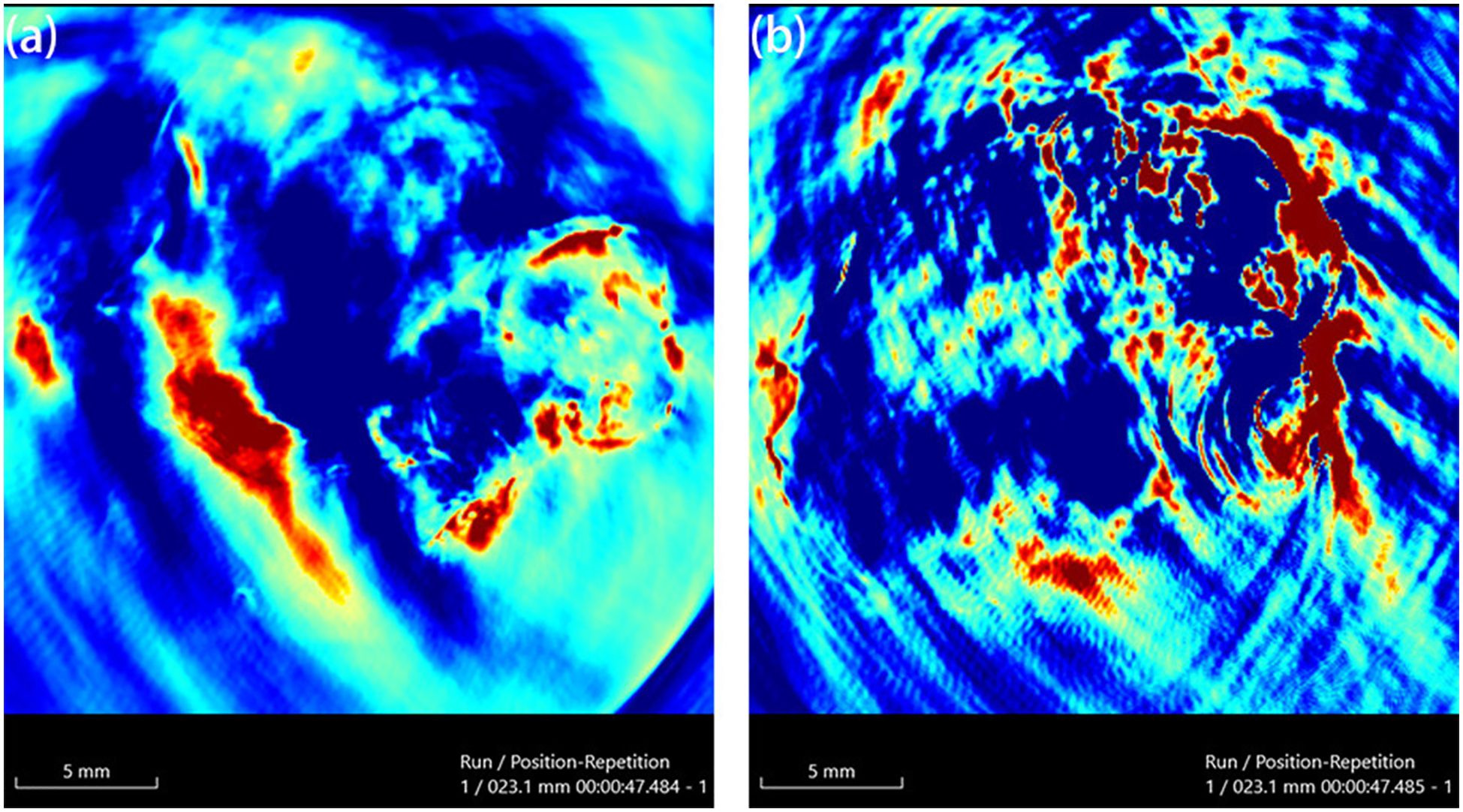 Two thermal images labeled (a) and (b) display temperature variations in blue, yellow, and red, with red areas indicating higher temperatures. Both images feature irregular patterns and are marked with a scale of five millimeters.