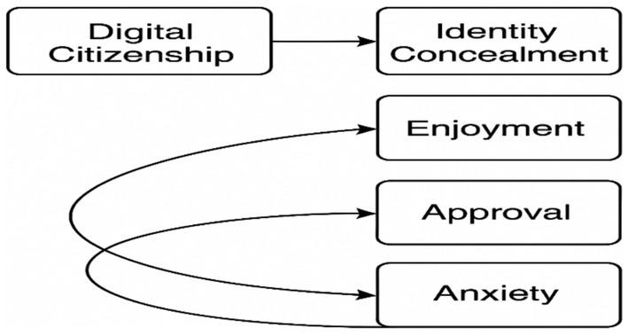 Flowchart illustrating the relationship between digital citizenship and various outcomes. Digital citizenship leads to identity concealment, enjoyment, approval, and anxiety, with arrows showing connections between these concepts.