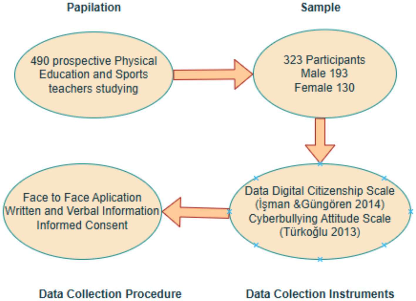 Flowchart depicting a research process. Starts with 490 prospective physical education and sports teachers. Moves to a sample of 323 participants (193 male, 130 female). Data collection involves the Digital Citizenship Scale and Cyberbullying Attitude Scale. The procedure includes face-to-face application, written and verbal information, and informed consent.