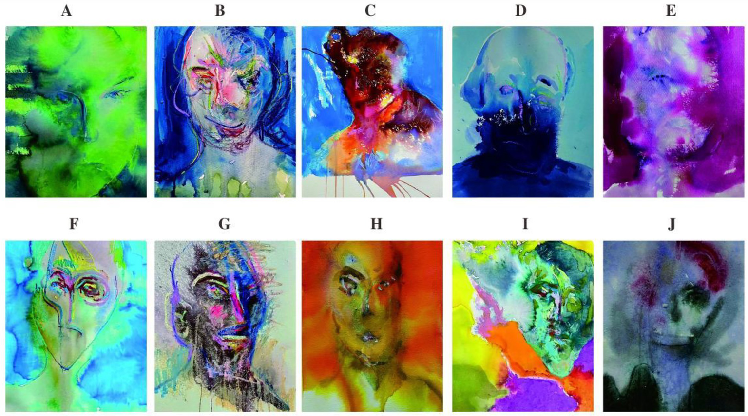 Abstract portraits labeled A to J depict faces using vibrant colors and varied artistic styles. Each portrait showcases unique elements like distorted features, bold color contrasts, and fluid brushstrokes, creating an imaginative and surreal effect.