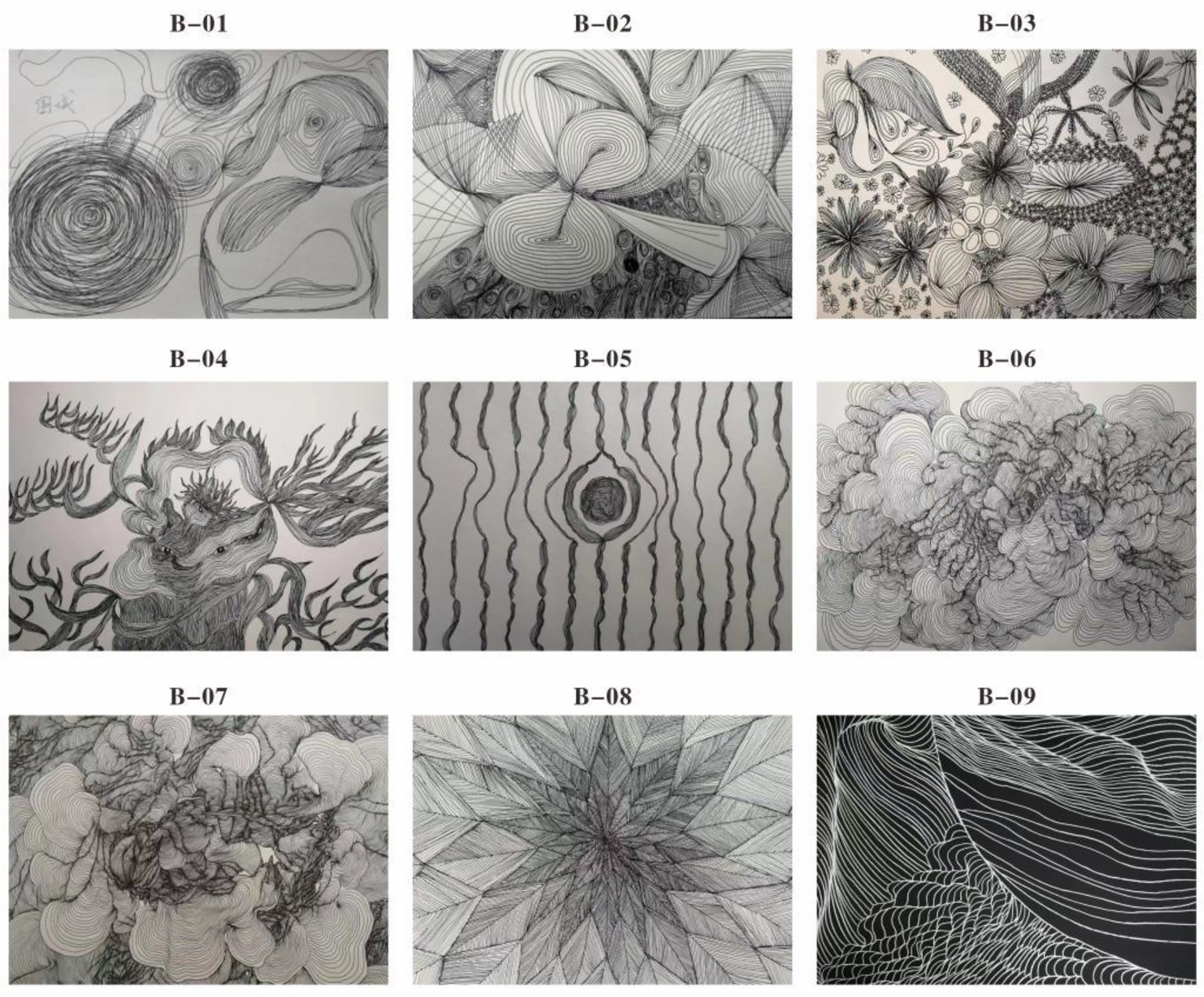 Nine abstract black-and-white line drawings labeled B-01 to B-09. Each image features intricate patterns, including swirling lines, geometric shapes, floral motifs, and wavy textures. The designs vary in complexity and style, offering a diverse visual exploration of abstract art.