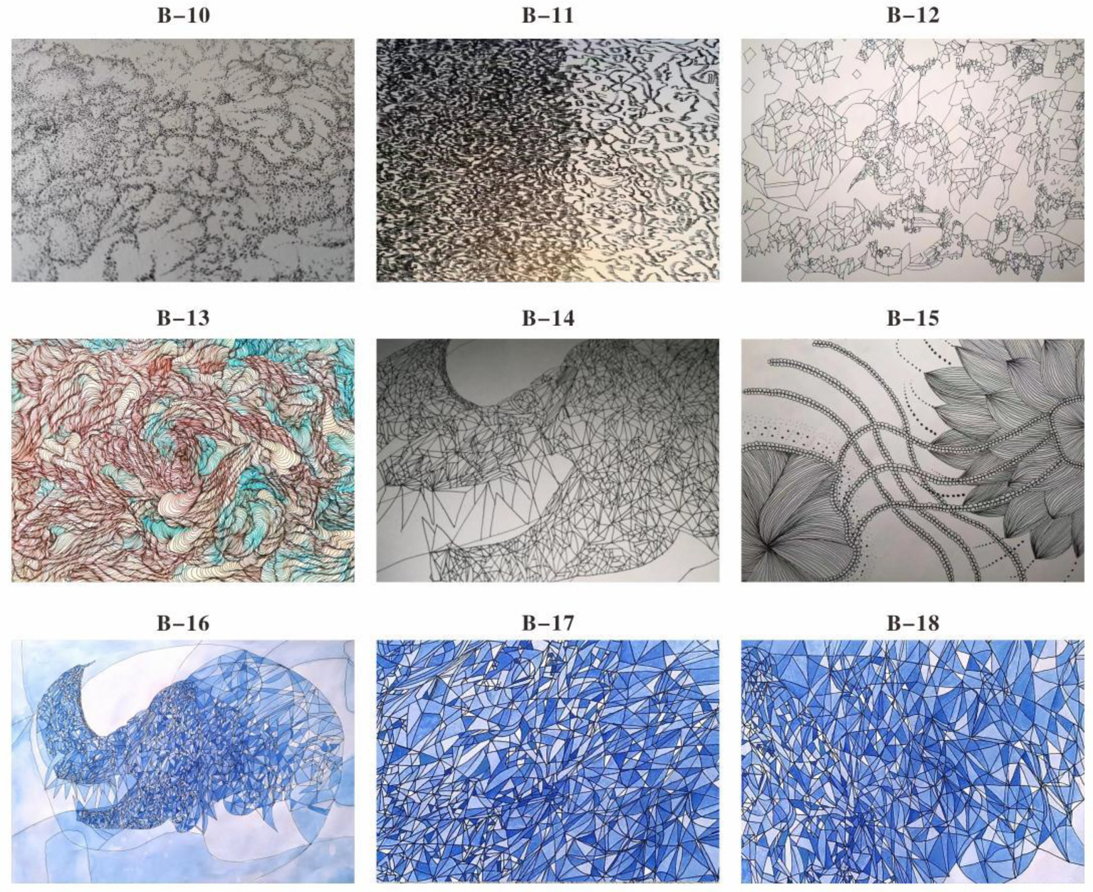 A collection of abstract drawings labeled B-10 to B-18. B-10 features intricate dot patterns. B-11 has a gradient texture with dense, wavy lines. B-12 displays geometric shapes in a complex arrangement. B-13 uses swirling, colorful lines in red and teal. B-14 consists of intersecting triangular forms. B-15 depicts detailed floral patterns with arcs. B-16, B-17, and B-18 show blue geometric patterns with various shades, creating a three-dimensional effect.